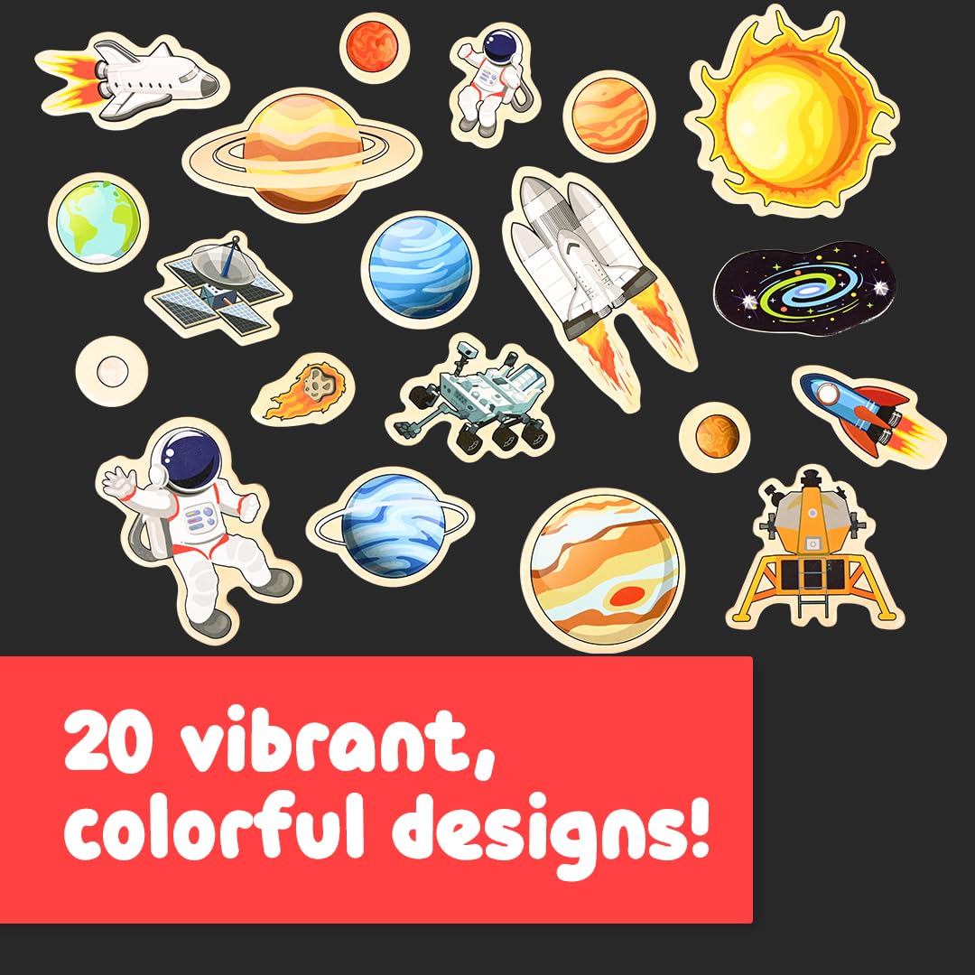 SPARK & WOW Wooden Magnets | Space | Set of 20 | Magnets for Kids Ages 2+ | Adhere to Fridges, Whiteboards and More