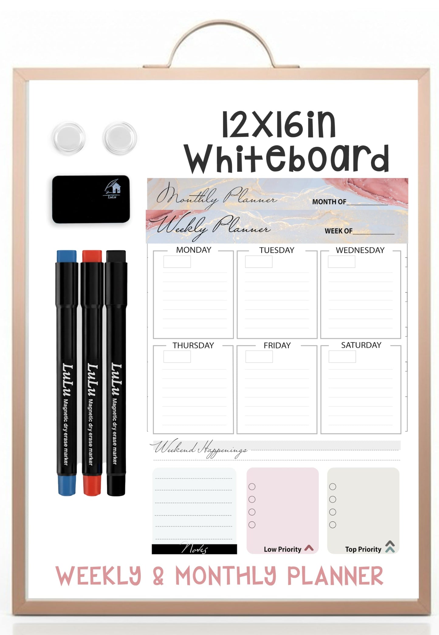 Lulu Office Magnetic Dry Erase Board 12x16 with Handle, Double Sided Portable Rose Gold Whiteboard for Home, Office, School & Kitchen, Includes Weekly & Monthly Magnetic Planner Sheets