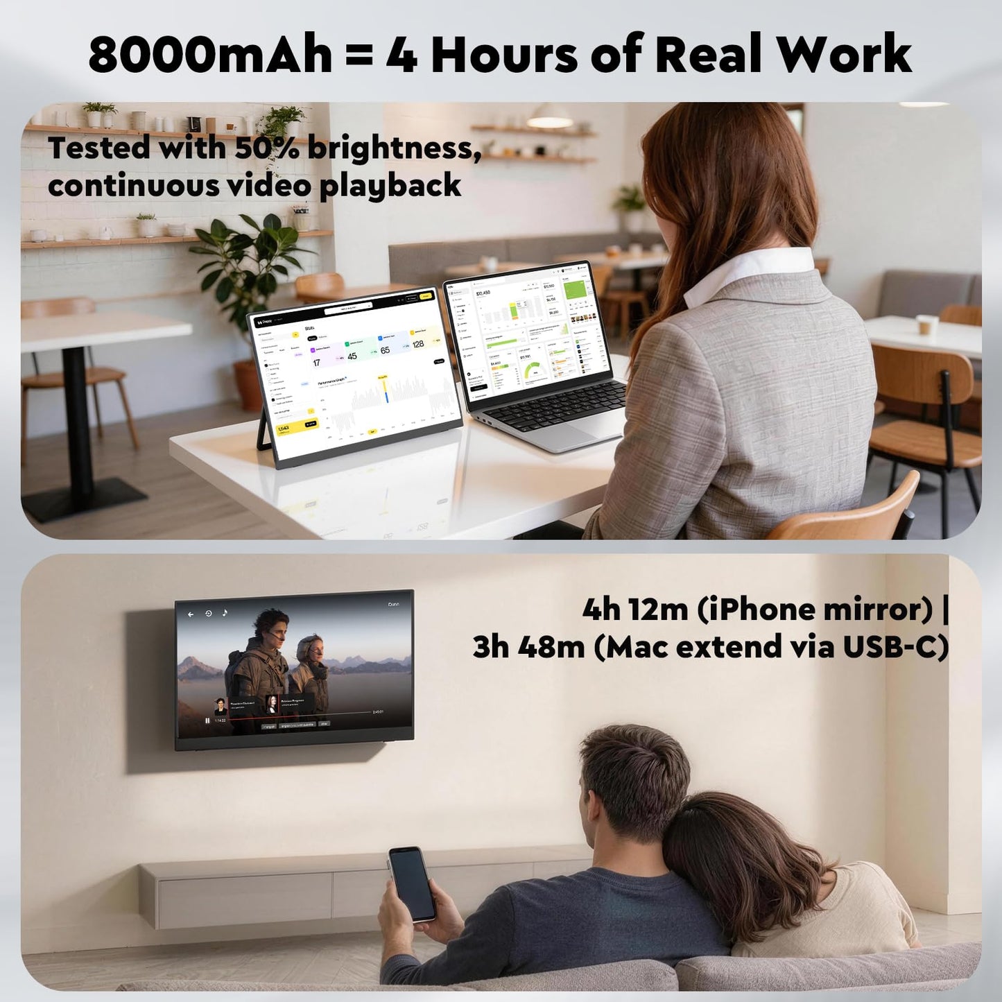 16" 2.5K Wireless Portable Monitor with Battery 8000mAh, 500 Nits HDR Display, 125% sRGB, USB-C / Mini HDMI External Travel Monitor, Auto Rotation, VESA Compatible for MacBook, iPhone, iPad, Windows