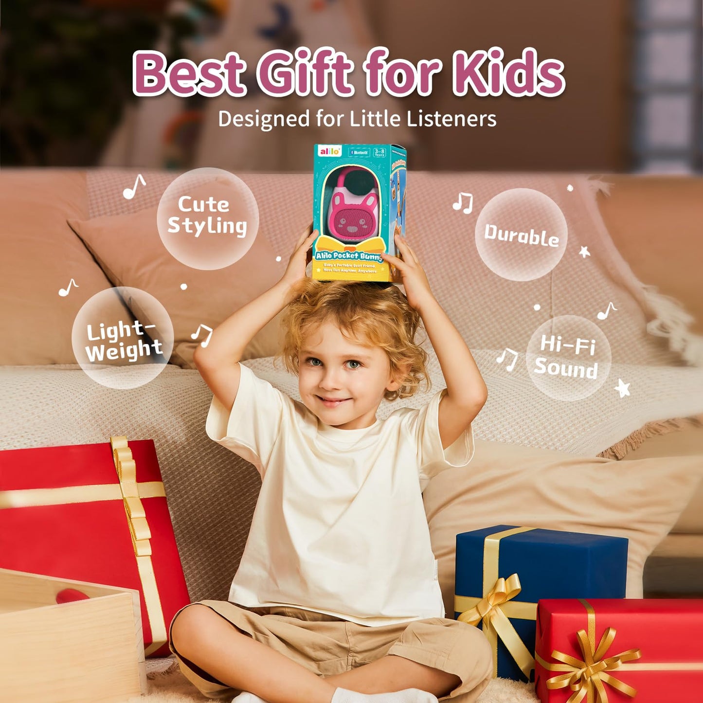 alilo Pocket Bunny Portable Kids Music Player, Musical Toys for Toddlers, Preloaded 120+ Stories/Music/Lullabies/White Noise, Toddler Gift for Girls (with Strap and Ring)