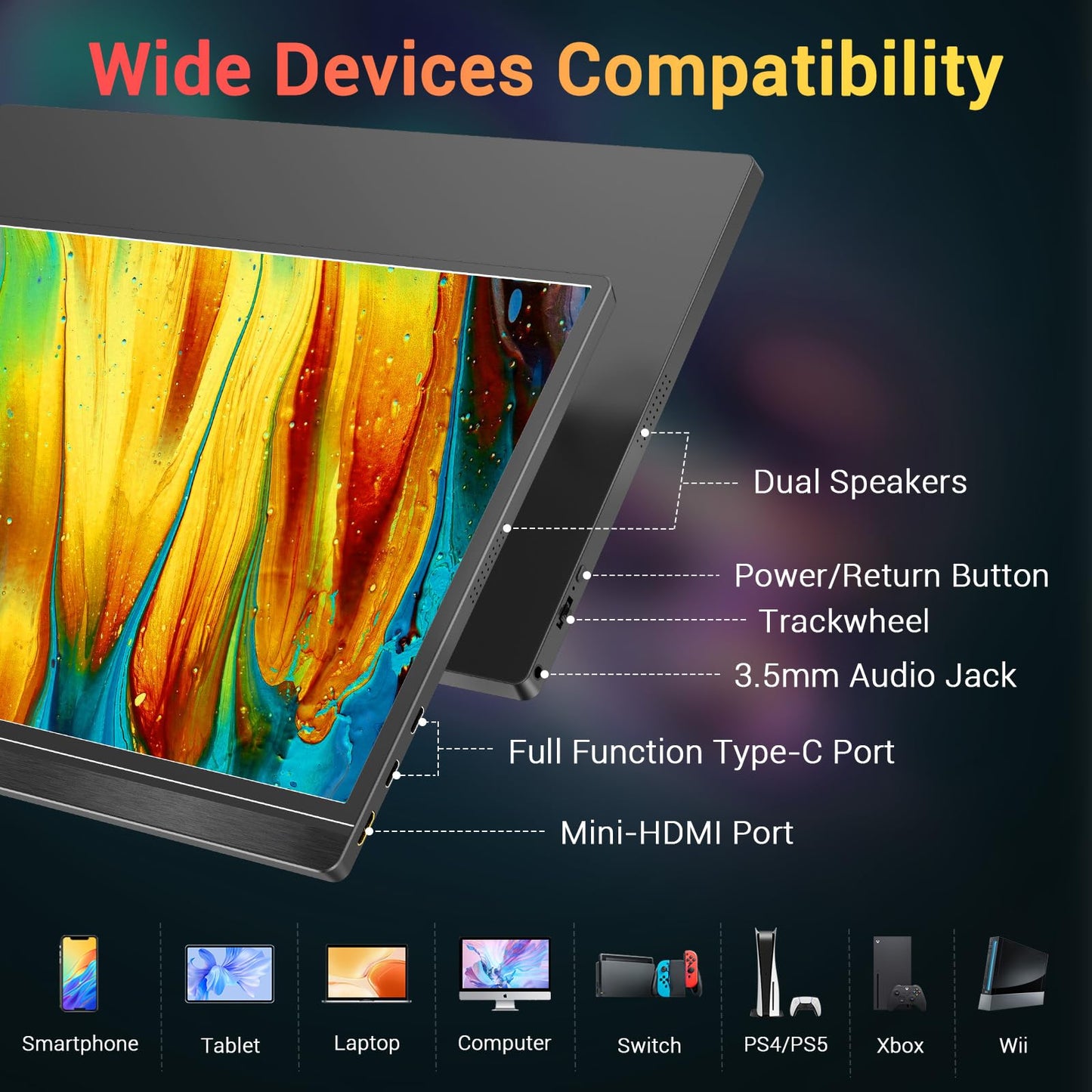 KYY Portable Monitor 15.6'' FHD 1080P USB C HDMI Gaming Monitor Ultra-Slim IPS Display w/Smart Cover & Speakers, Plug&Play, External Monitor for Laptop PC Phone Mac Xbox PS4