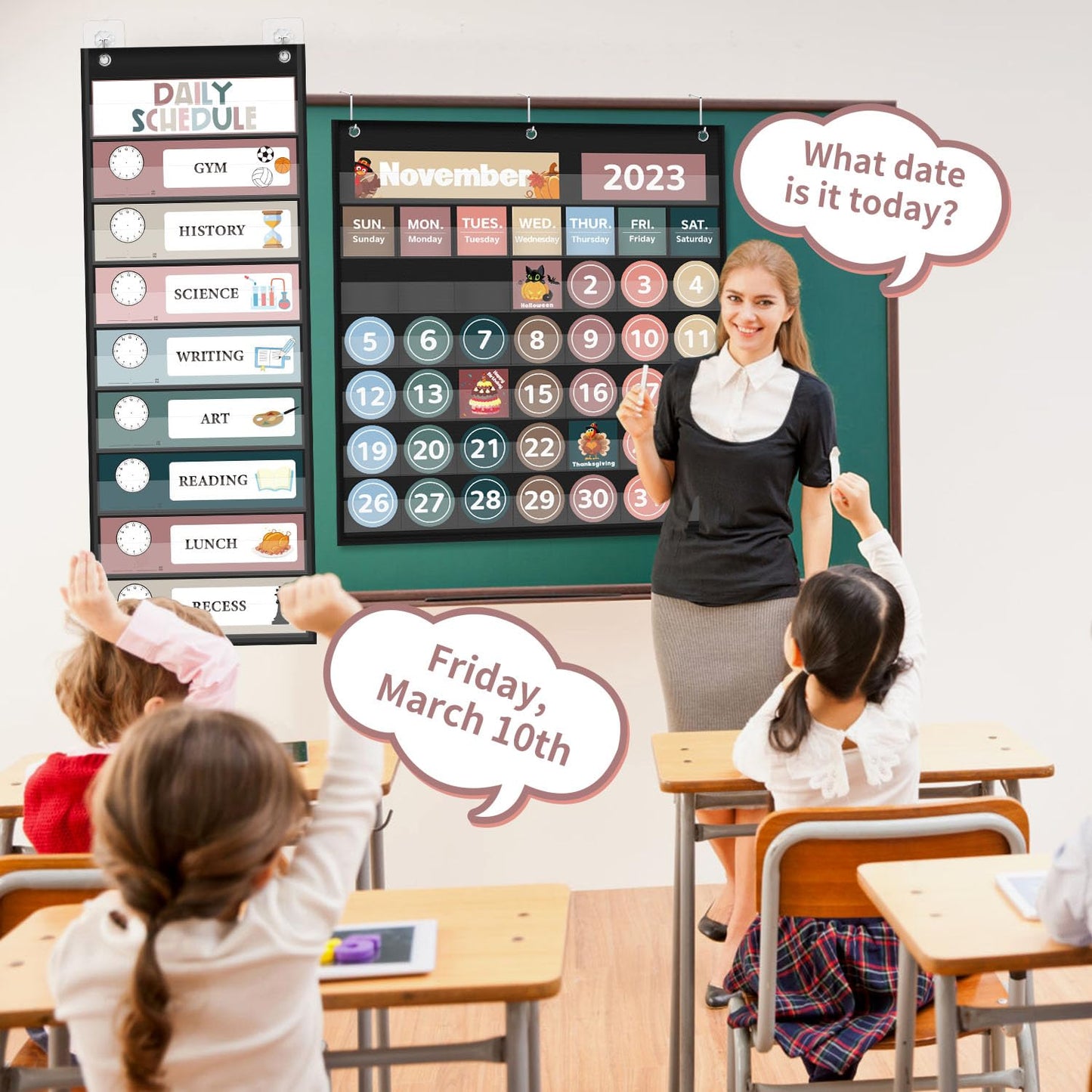 Monthly Calendar Pocket Chart for Classroom, Printed Days of The Week with Cards, Learning for Home or Kindergarten, Teacher Must Have Supplies That Fits Any School Décor (Black Calendar+Daily Schedule)