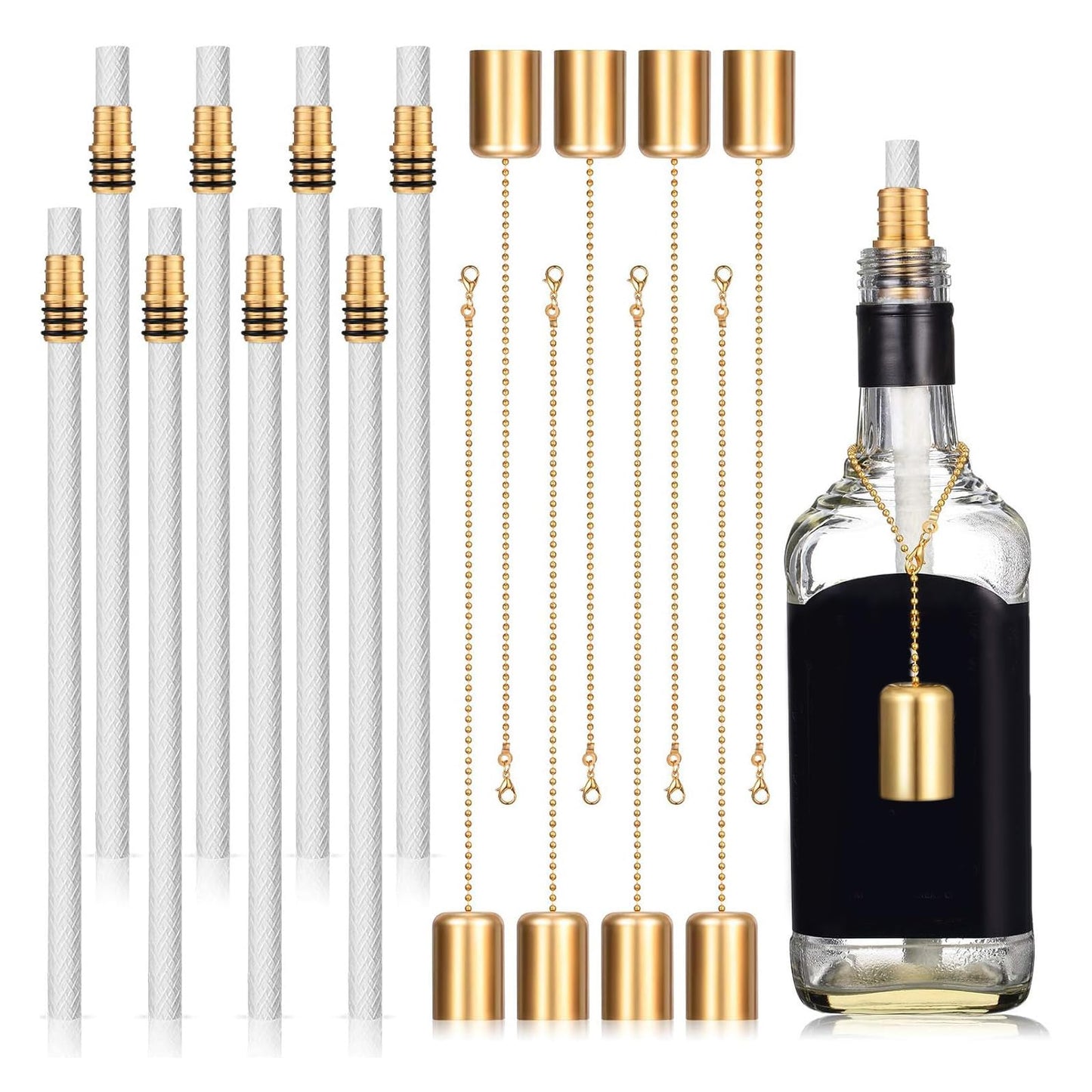 Nuanchu Wine Bottle Torch Kit - 8 Sets, Brass Wick Holders, Fiberglass Wicks, 13.78 Inch Long, Copper Cover for DIY Lamp