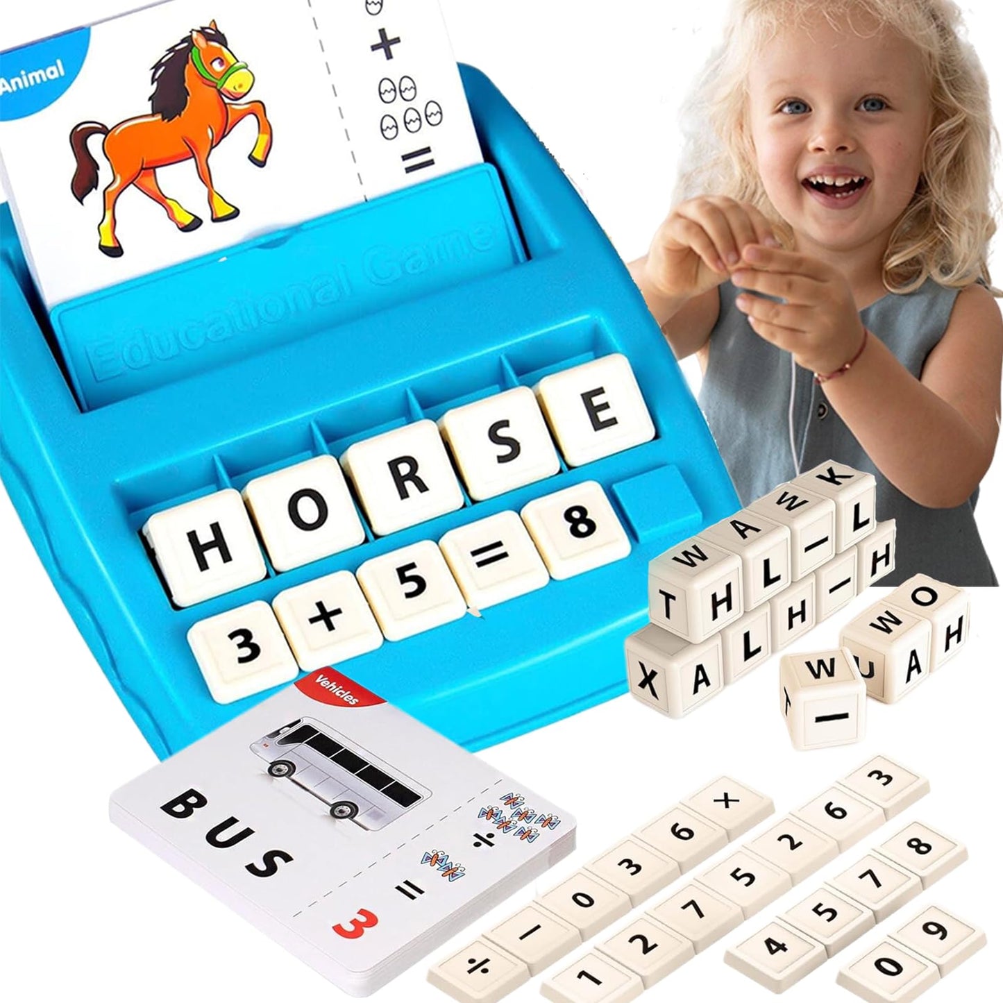 Matching Letter Game for Kids, 2 in 1 Educational Toys Alphabet Spelling & Reading, Number & Color Recognition Learning Flash Cards Birthday Gifts for Preschool Kindergarten Boys & Girls (Light Blue)