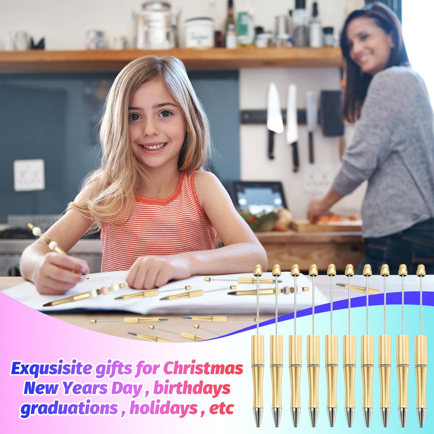 DASTTUIS 150 Pieces DIY Beadable Pen Kit – 50 Plastic Ballpoint Pens with Refills & Bags – School Supplies, Office Accessories & Decorative Items for Students & Teachers (Gold)