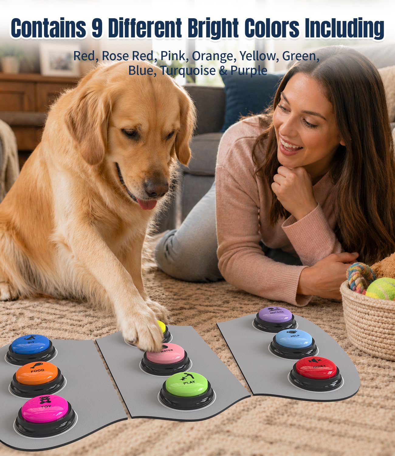 Acools Dog Buttons for Communication, 9 Pcs Recordable Talking Button Set with 30s Voice, Pet Training Buzzer Kit for Dogs and Cats, Waterproof Anti-Slip Mat, 48 Scene Stickers for Outside/Food/Play