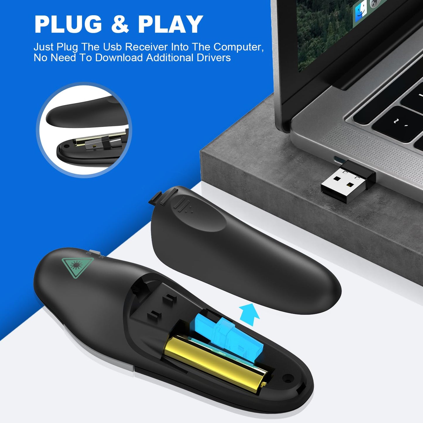 QUI 2 Pack Presentation Clicker, Wireless Presenter Remote Clicker for PowerPoint, Slide Advancer for Mac, Windows, Google Slide, Keynote (USB Type-c, Black Purple)