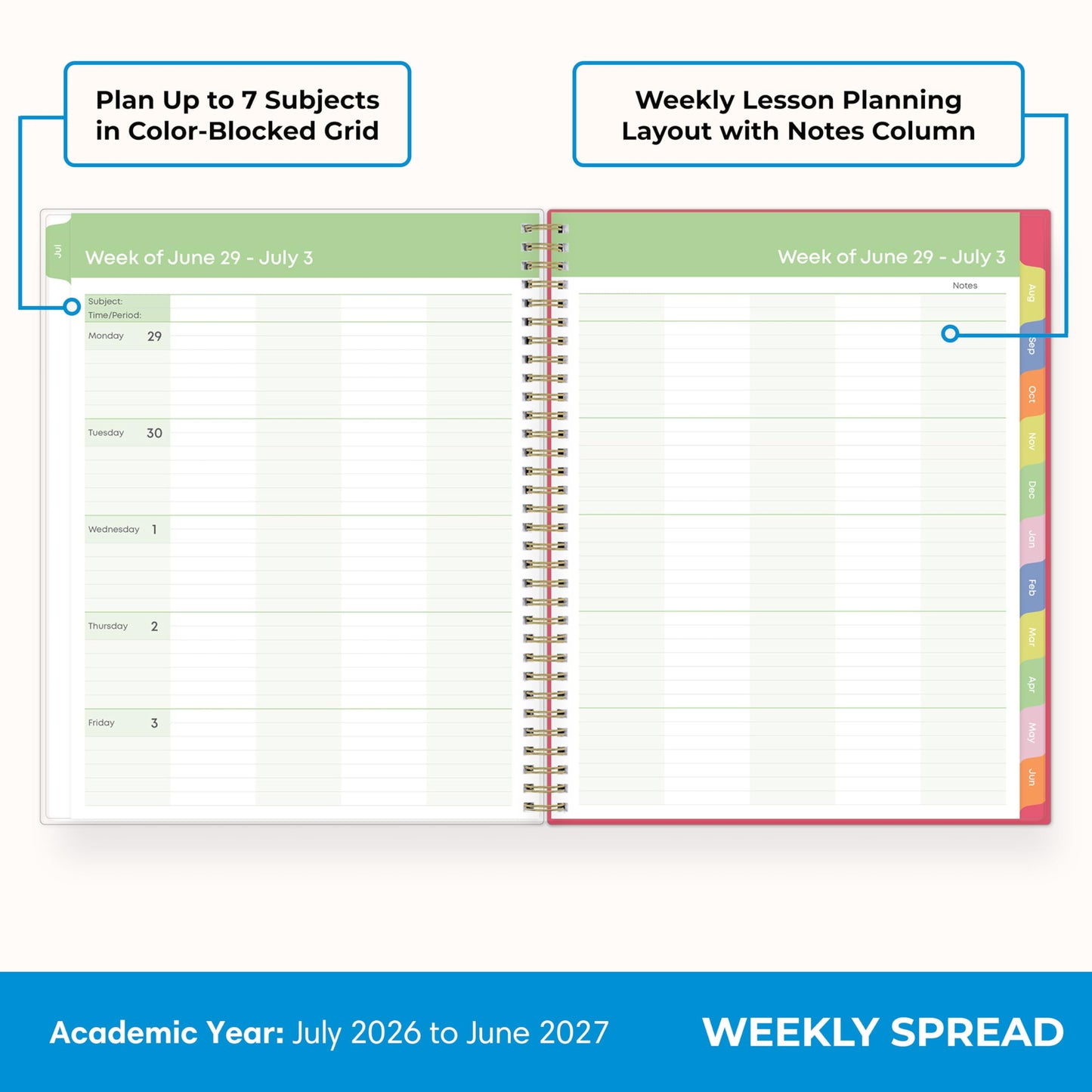 Blue Sky 2026-2027 Weekly and Monthly Academic Year Teacher Lesson Planner Calendar, July 2026 - June 2027, 8.5" x 11", Flexible Cover, Wirebound, Laminated Tabs, Storage Pocket, Apple Sketch