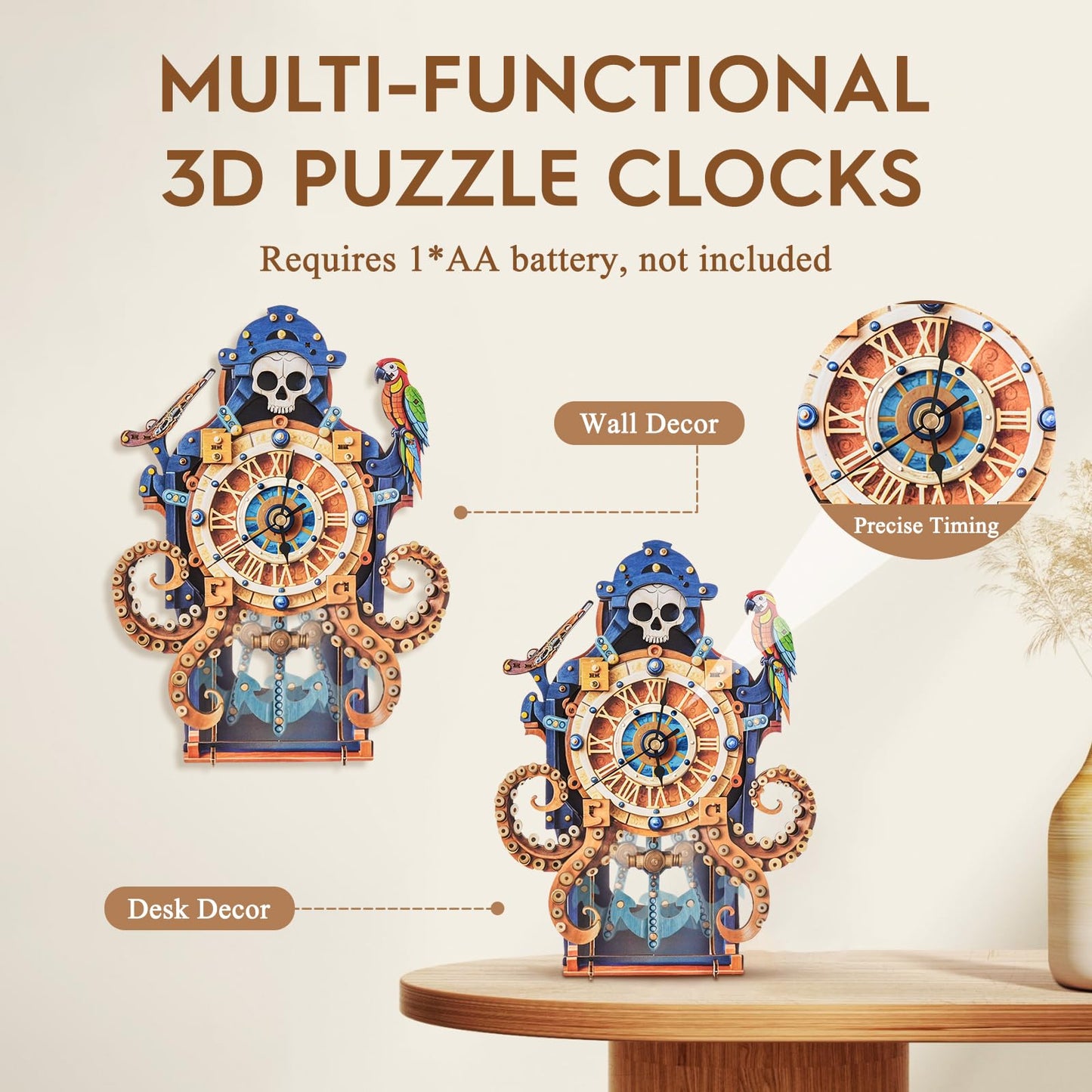 3D Puzzles for Adults Wooden Clock-Octopus Pirate Model Kit, Mechanical DIY Pendulum Clock with Roman Numerals-Home Wall Decor, Birthday Christmas Day Gift for DIY Lovers