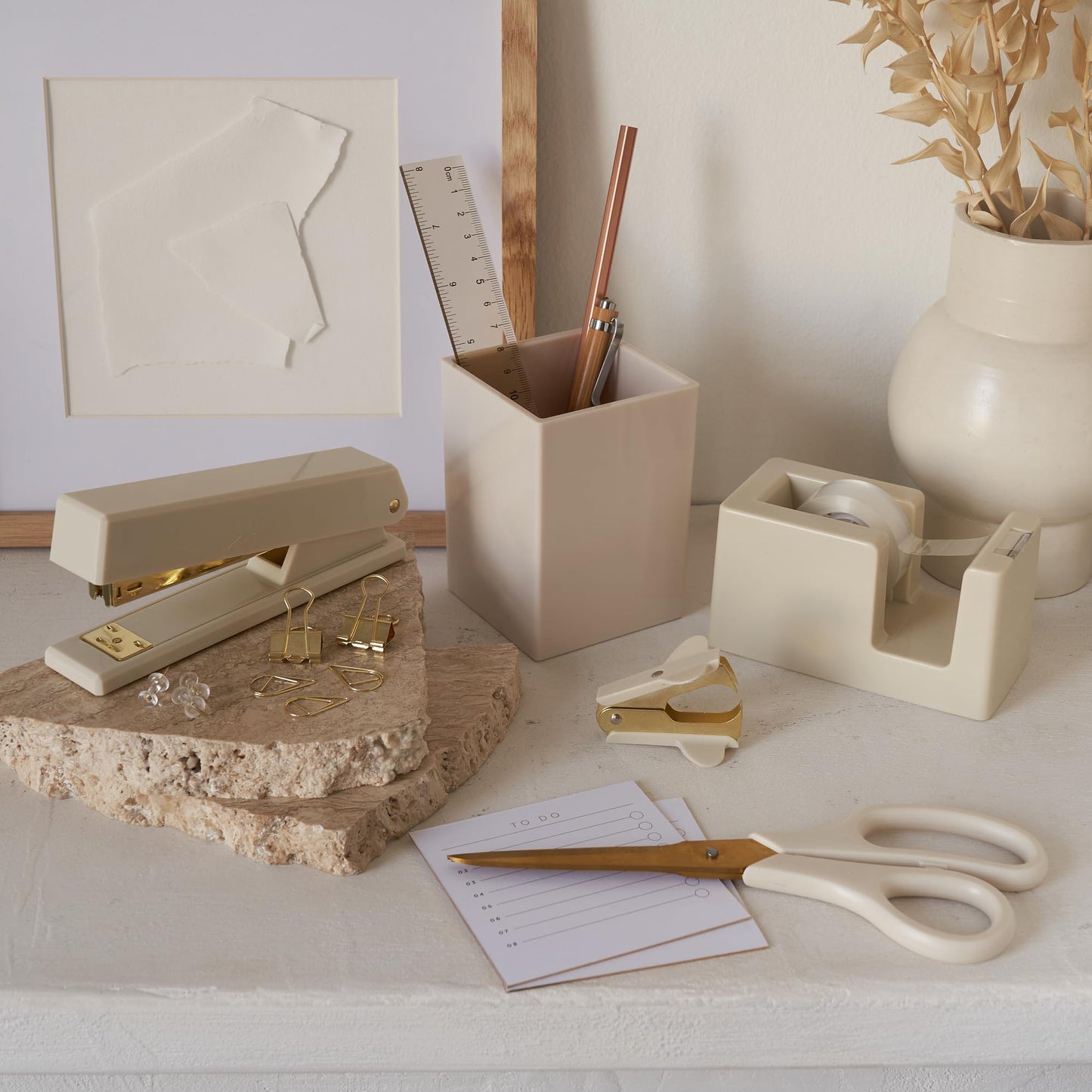 Aesthetic Desk Accessories Set - A Complete Desktop Organizer Set For Women Enhances Any Office Decor - An Office Supplies Kit w Gold Finish incl. Pen Holder, Scissors, Stapler, Tape Dispenser & More