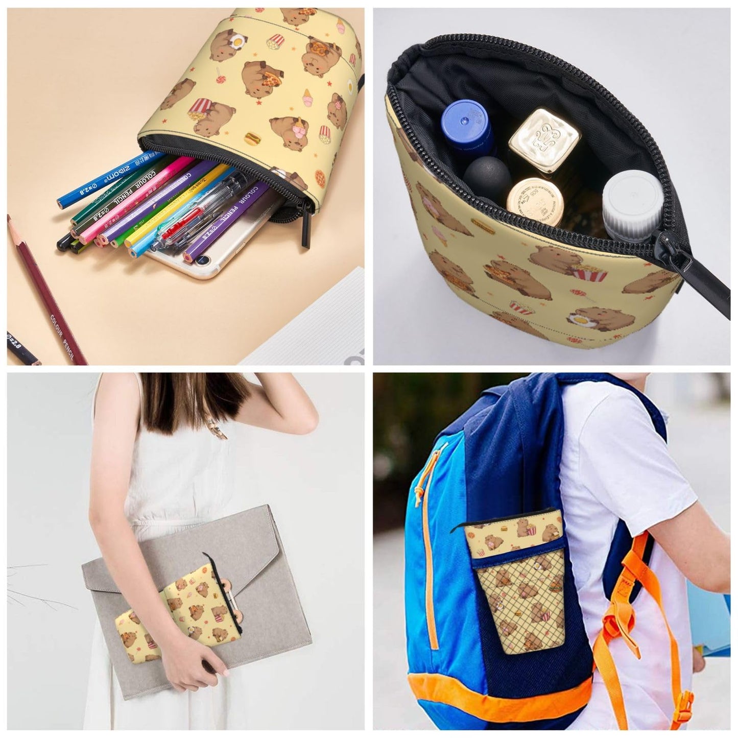 Tezmd Yellow Cute Animals Kids Standing Pencil Case Girls Boys Telescopic Stationary Pouch with Zipper Large Capacity Stand up Pen Bag Portable Makeup Holder for Children School Students