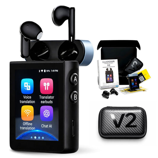 Guardian Translator V2 — AI Translator Device with Earbuds | Real-Time Two-Way Voice & Camera Translation | 144 Languages | Built-in ChatGPT | No Subscription | Travel, Business, Education