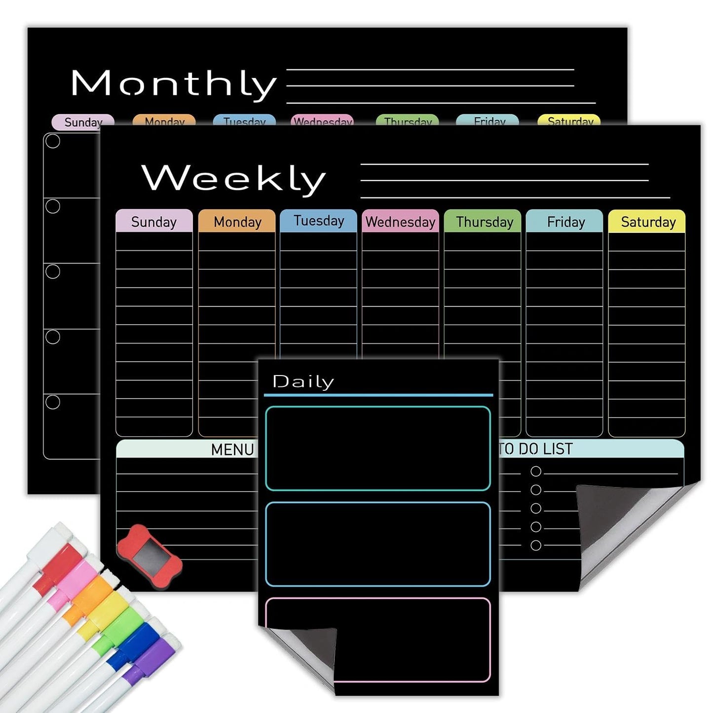Hivillexun Black Magnetic Dry Erase Calendar for Fridge - 3 Pack Monthly, Weekly & Daily Planner Set (14"x11"), Includes 8 Neon Ultra-Fine Tip Markers & Large Eraser, Reusable Whiteboard for Kitchen