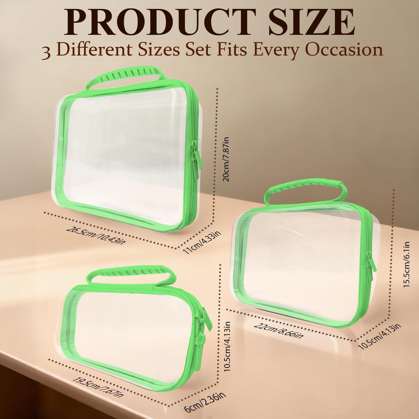 JeeVoya 3 PCS Clear Zipper Pouches with Handle, Diaper Bag Organizer, Clear Makeup Bags Hardshell Toy Storage Bins with Zipper Toiletry Pouch Bag for Cosmetics Pencils Puzzles, Building Blocks(Green)