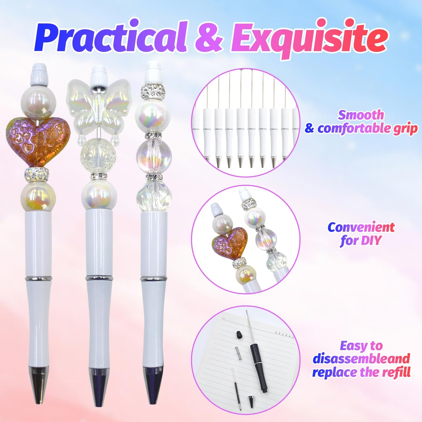 DASTTUIS 150 Pieces DIY Beadable Pen Kit – 50 Plastic Ballpoint Pens with Refills & Bags – School Supplies, Office Accessories & Decorative Items for Students & Teachers （White）