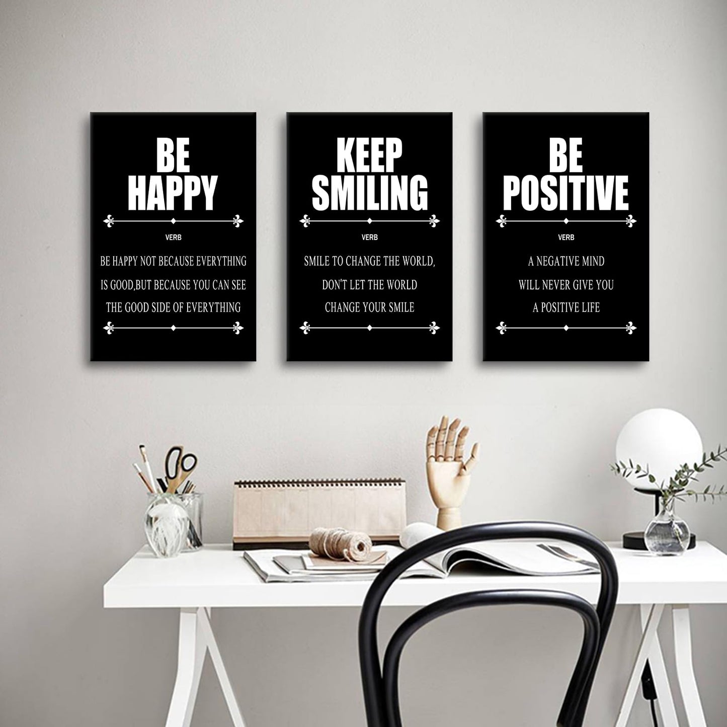 YSPCSUN Triptych Wall Decor Inspirational Posters for Office, Black White Be Happy Positive Quote 3 Panel Canvas Prints for Home Office Dorm Classroom, 48x24 Inch Display