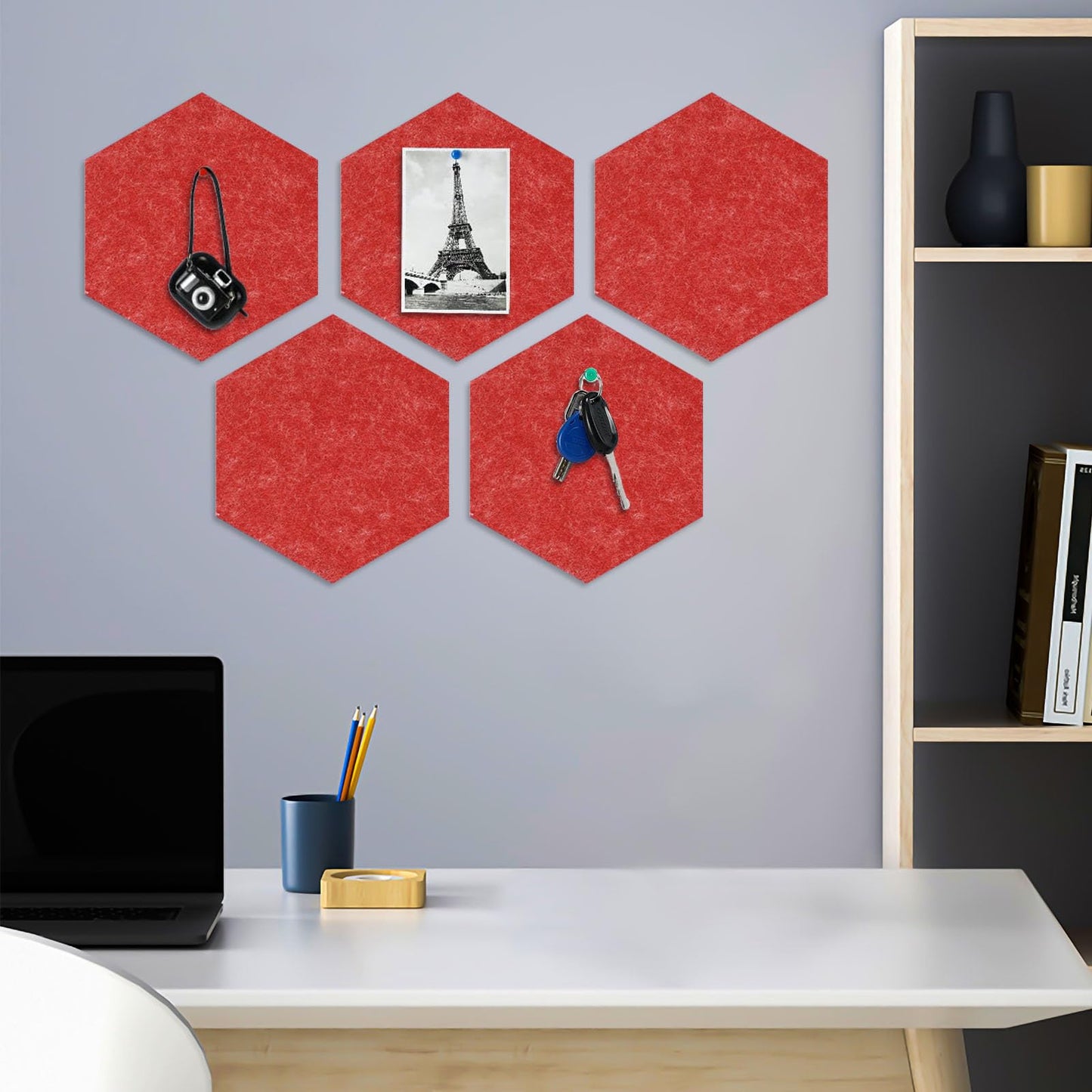 8 Packs Red Hexagon Felt Pin Board, 12" Bulletin Board with 30 Push Pins, Felt Board for Home Kitchen Office Decor, Self-Adhesive Corkboard Tiles for Walls School Message Photos Memos