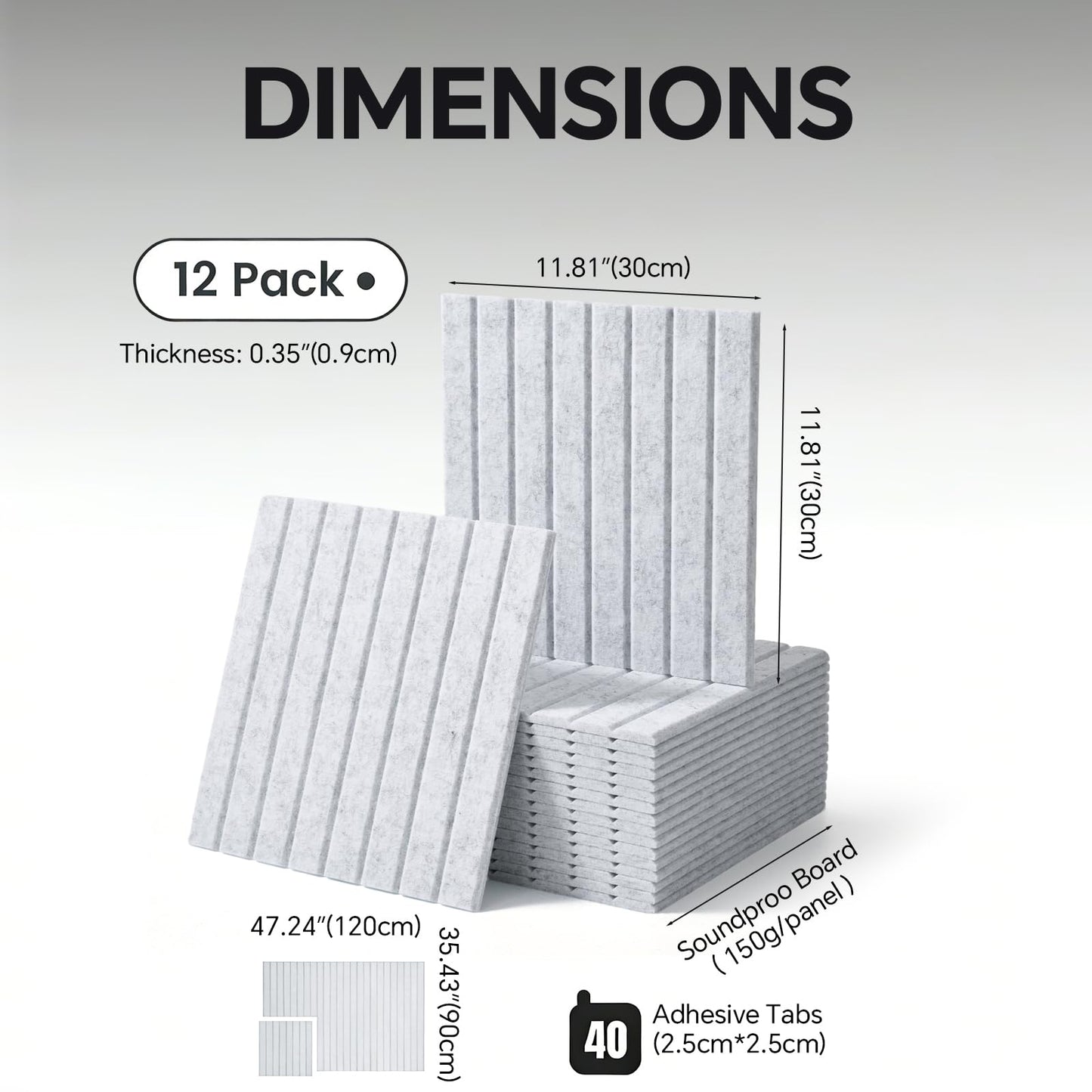 Slat Felt Wall Tiles (12 Pack) - 11.8"x11.8" Self-Adhesive Bulletin Board for Wall, Acoustic Panels for Sound Dampening, Modern Black Pin Board, Home Office Decor (30x30cm)