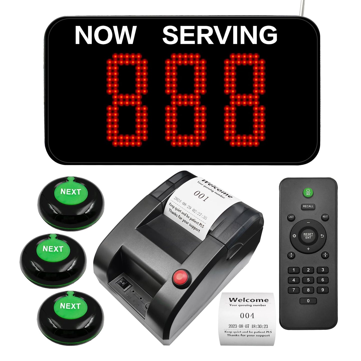 Take a Number System Electronic Queue Calling System with 1 Now Serving Number Display 3 Next Call Button 1 Ticket Dispenser Printer 57mm Thermal Receipt Rolls 1 Remote Control for Office Window