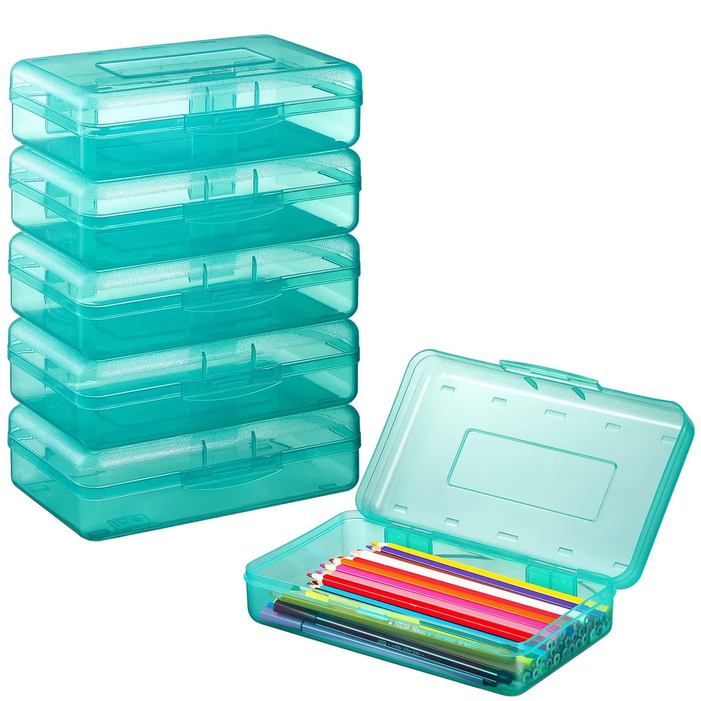 Sooez 6 Pack Pencil Box, Hard Pencil Boxes for School Supplies Bulk, Large Plastic Pencil Case with Lid, Clear Pencil Container, Stackable School Crayon Boxes Bulk for Kids