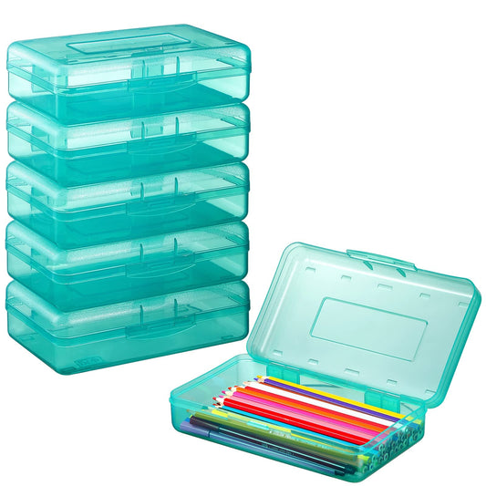 Sooez 6 Pack Pencil Box, Hard Pencil Boxes for School Supplies Bulk, Large Plastic Pencil Case with Lid, Clear Pencil Container, Stackable School Crayon Boxes Bulk for Kids