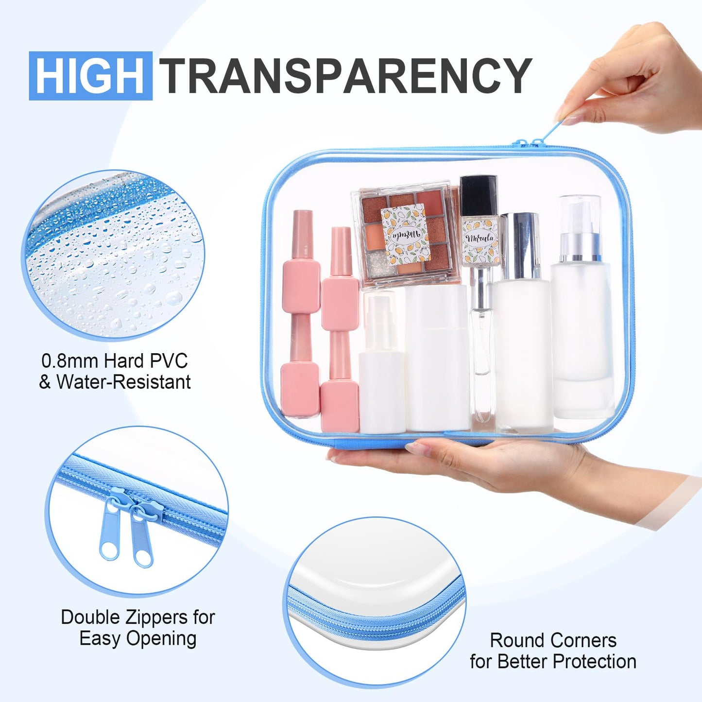 Hoolerry 3 Pcs Clear Hard Zipper Case Hard Plastic Zipper Pouch Makeup Bag Portable Travel Organizer for Cosmetics, Office Supplies, Documents & Toiletries(Blue,M)
