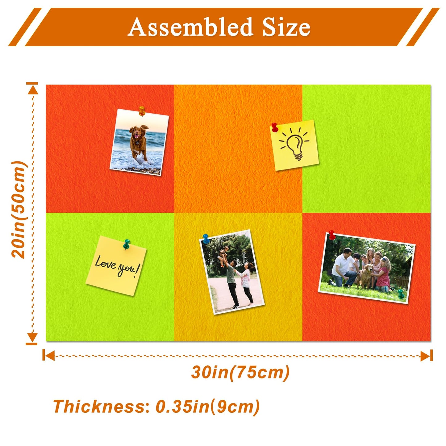 HULAVO Square Felt Cork Bulletin Board Tiles, Self Adhesive DIY Felt Pin Board for Wall 30" x 20" with 35 Pushpins for Office School Home Wall Decor Stickers Memos Photos Display (Gradual Orange)