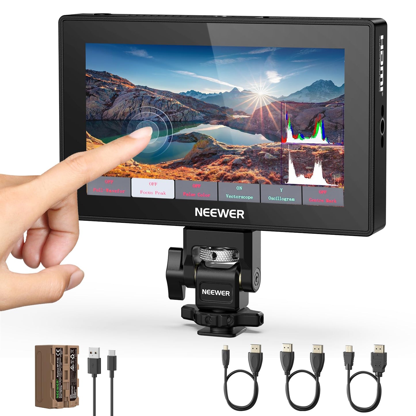 NEEWER 5.5" Camera Field Monitor, 2000nit HD 1920x1080 IPS Touch Screen, 4K HDMI Loop in/Out with 3D LUT Peak Focus DSLR Video Assist HDR Waveform, 5200mAh F750 Battery, DC7-24V/Type C 5V In, F500 PRO