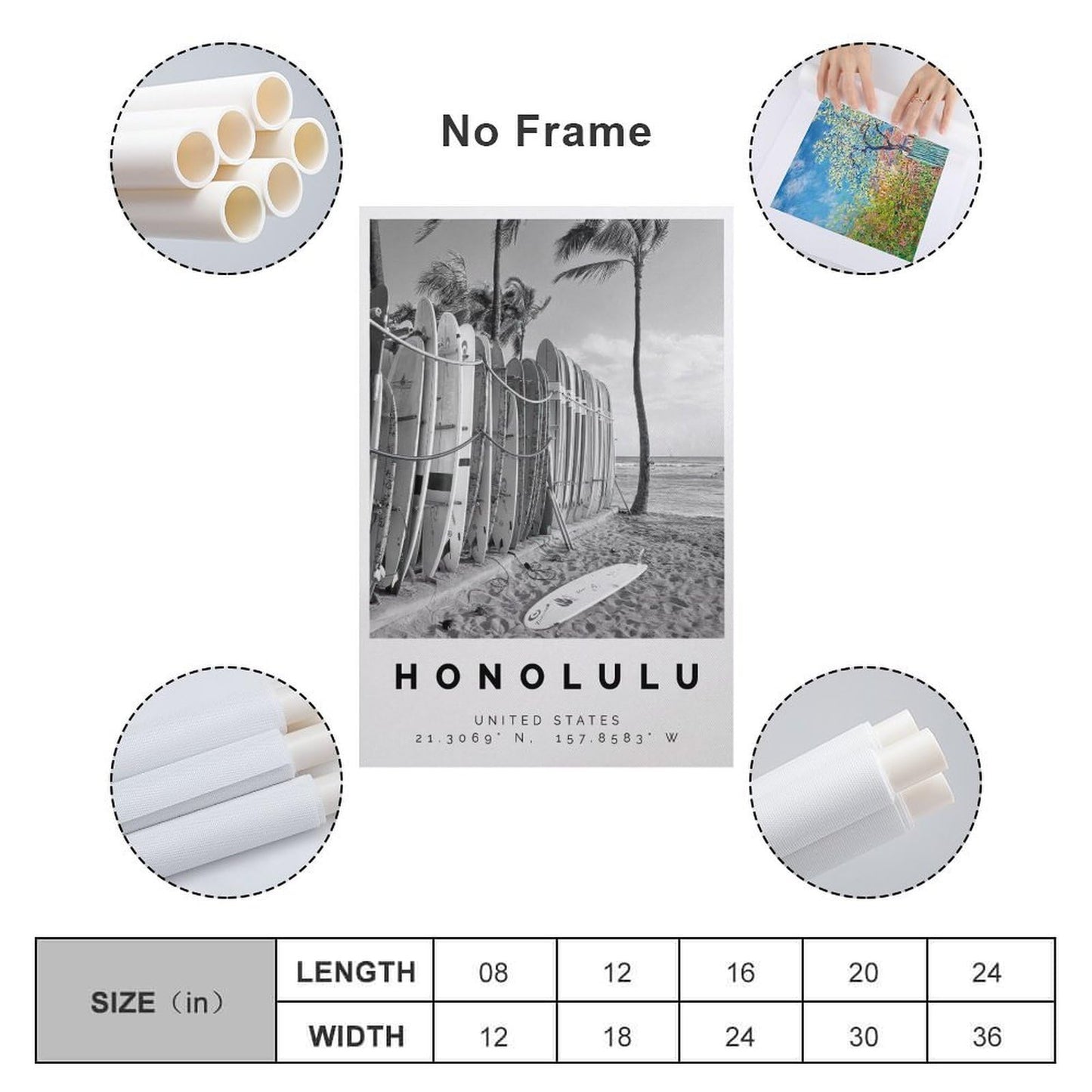 Honolulu Poster Black And White Featuring Surfboards, Palm Trees & Ocean View Canvas Wall Art Aesthetic Decorative Painting Living Room Restaurants, Pool Halls And Hotelsstyle 12x18inch(30x45cm)