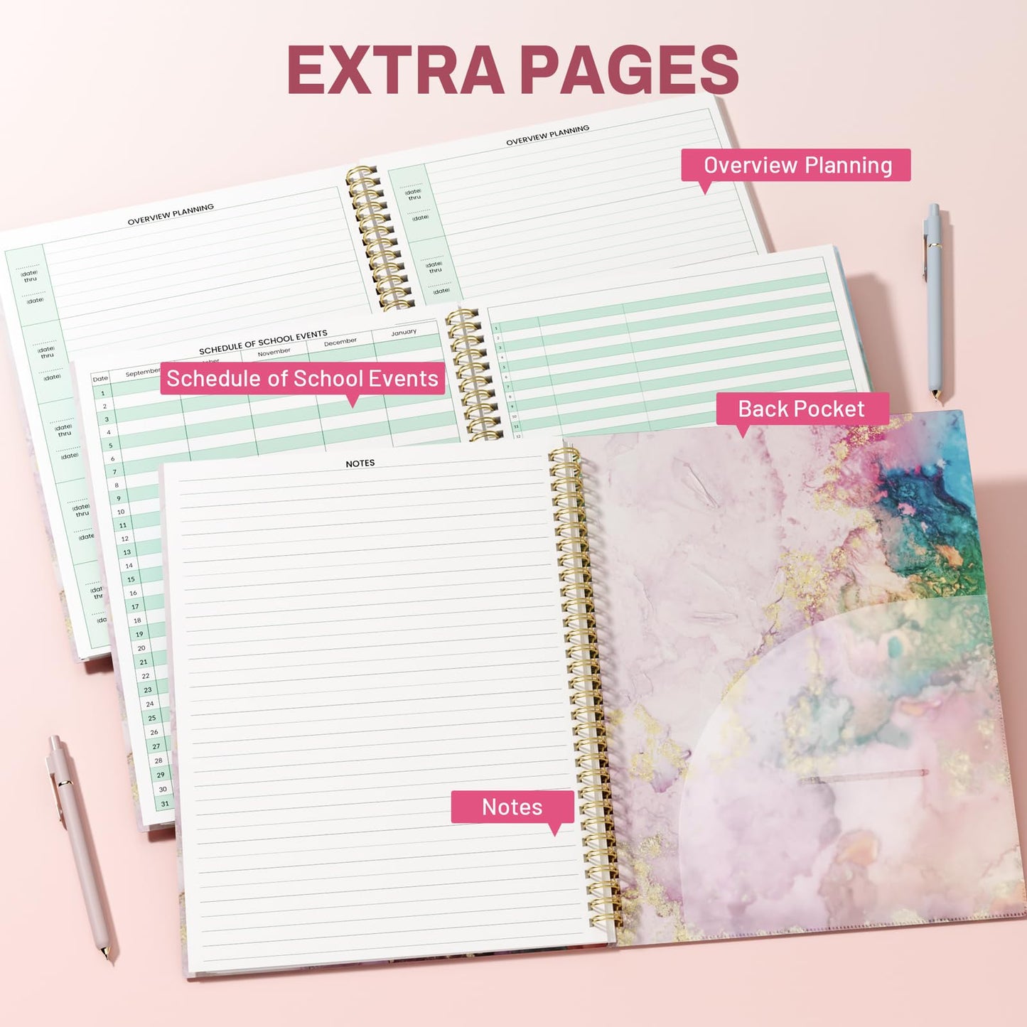 SUNEE 8 Period Teacher Lesson Plan Book - Days Vertically, Undated Teacher Planner 2026-2027 Academic Year, 8.5 x 11 Inch, 104 Pages/52 Sheets (40 Weeks), Waterproof PVC Cover, Back Pocket,Pink Marble