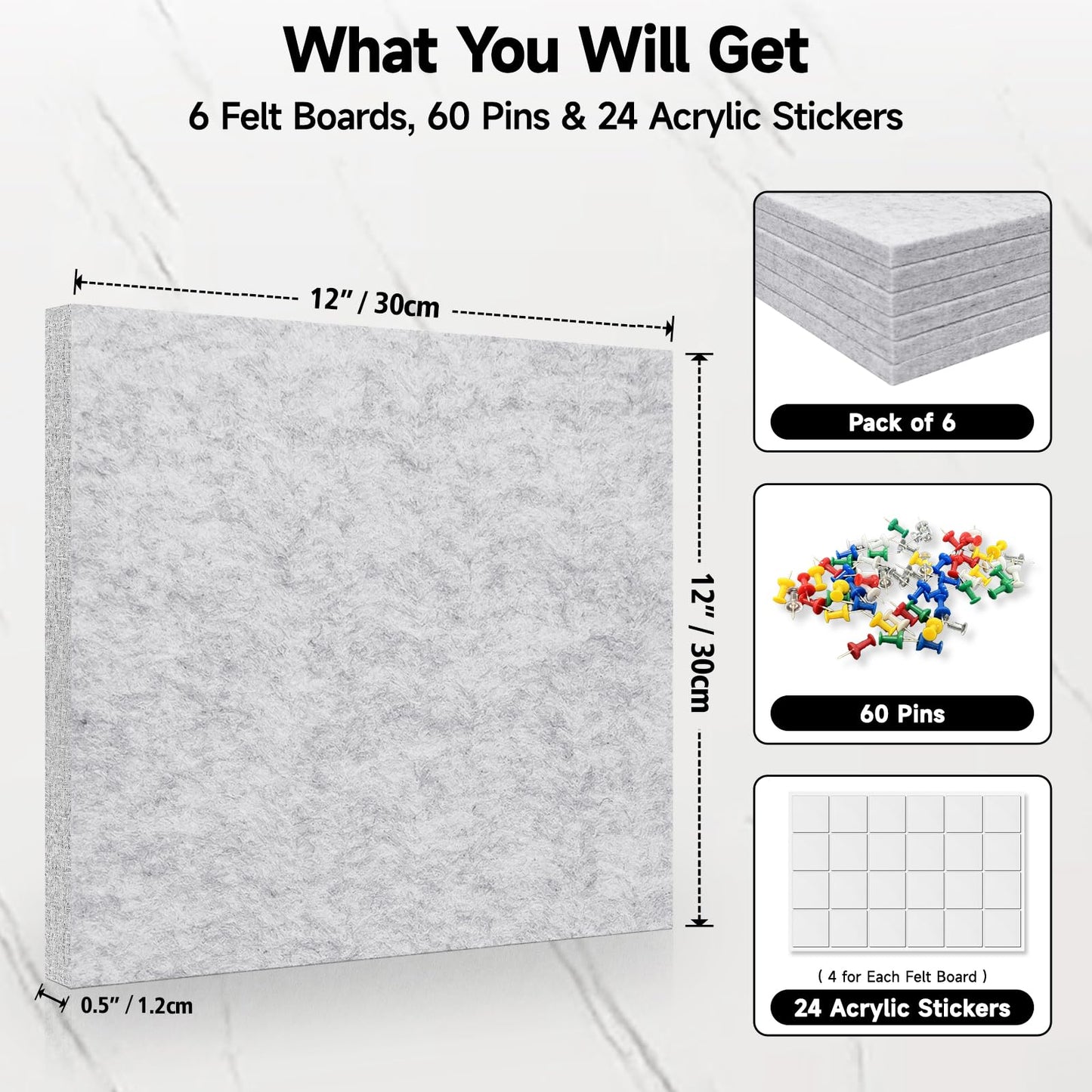 ANLIOTE 6 Pack Cork Board Felt Bulletin Board with 60 Push Pins, 1/2" Thick Pinboard Square Tiles for Wall Organizer - Home Office Classroom Decor, Photo Display, Memo Board (11.8"x11.8"- Light Grey)