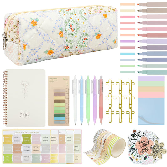 DRANSMIC Bible Study Supplies Journaling Kit with Pen Cas, Tabs, Notebook and No Bleed Highlighter, Aesthetic Book Annotation Kit, Christian Gifts for Women Grils Friends(Spliced Flower)