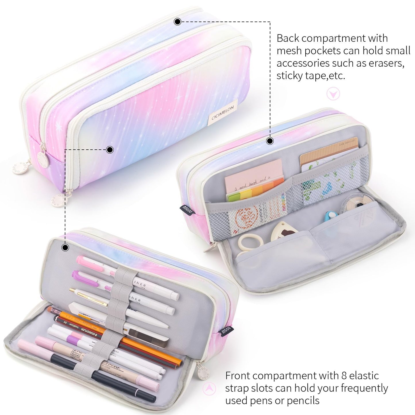 CICIMELON Large Capacity Pencil Case 3 Compartment Pouch Pen Bag for School Teen Girl Boy Men Women (Meteor)