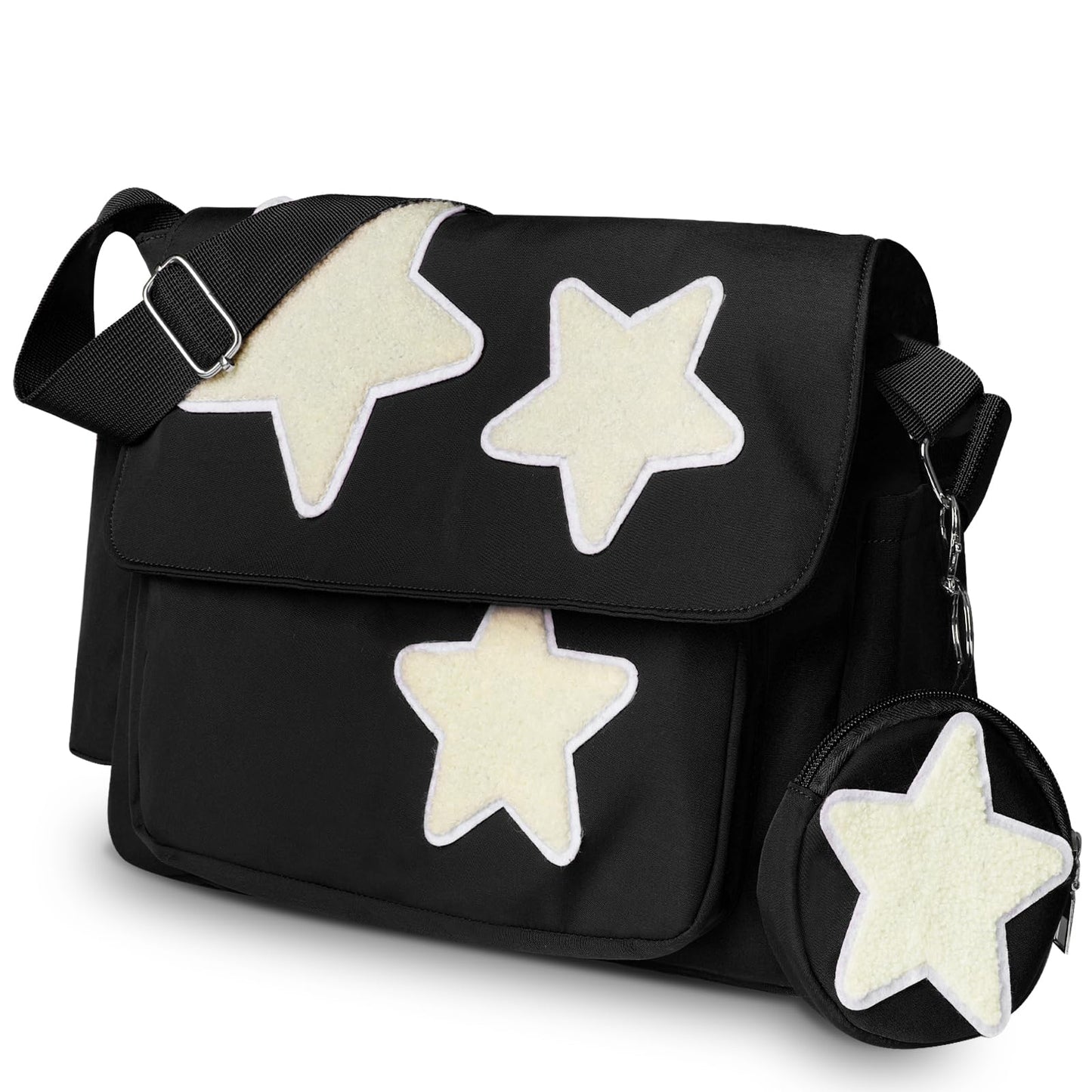 GUSTANO Y2K Messenger Bag for Women, Lightweight Spacious Stars Tote Purse with Cute Coin Purse, Crossbody Bag Shoulder Everyday Bag with Multi Pockets, Chic and Functional (Black)