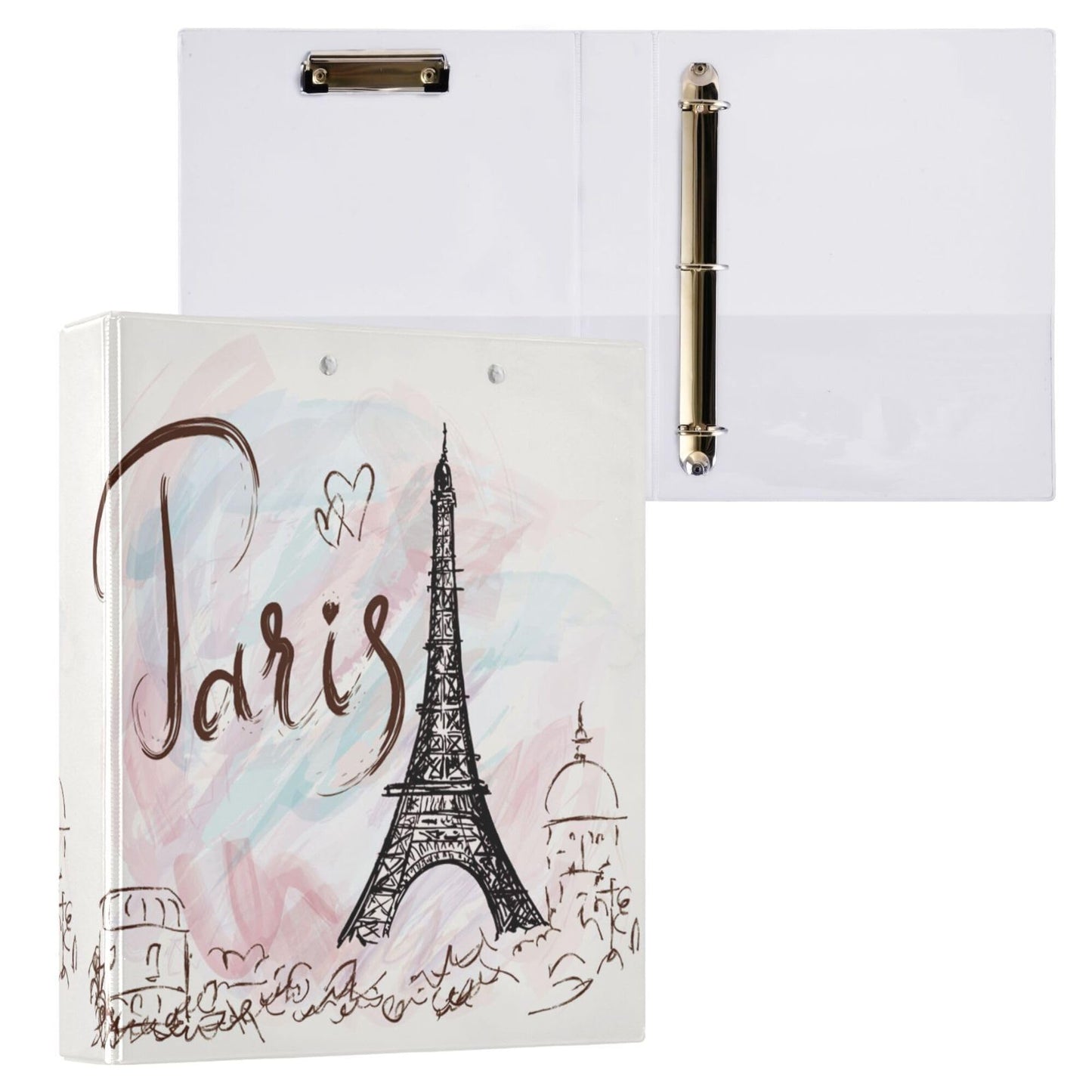 Eiffel Tower Round Ring Binders 1.5 Inch Paris Pink White 3 Ring Clipboard Binder for Office School Work Supplies File Folder 200 Sheet Capacity