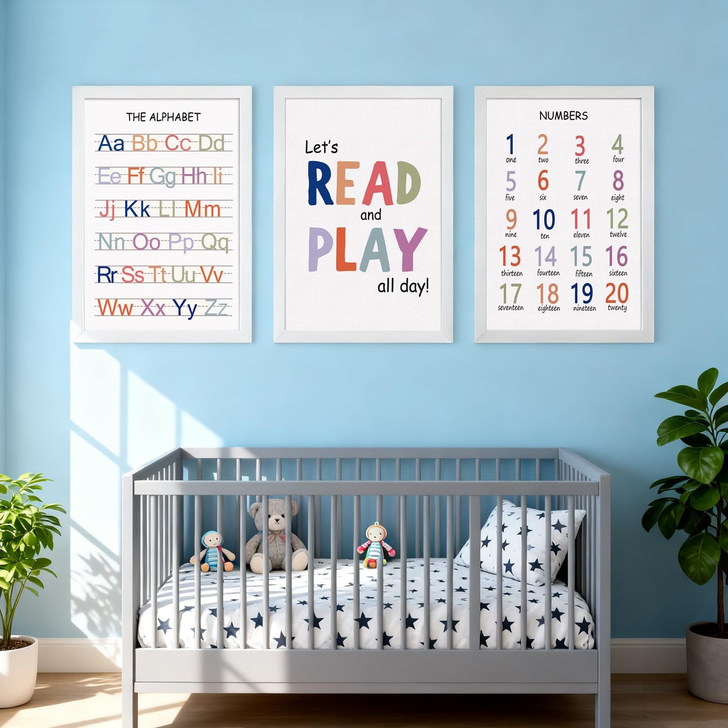 Cute Alphabet Numbers Framed Wall Art Set of 3, Boho Educational ABC Poster Wooden Sign for Baby Girl Kid Boy Toddlers, Neutral Preschool English Letters Nursery Decor for Homeschool Playroom Daycare