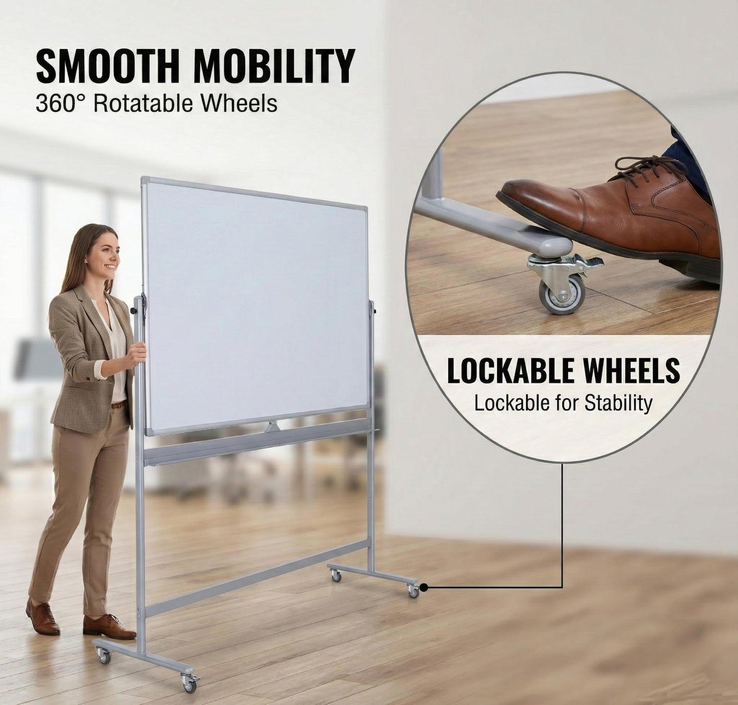 DexBoard Large Double Sided Whiteboard 72x40 inches on Wheels, Height Adjustable Mobile Magnetic Dry Erase Board with Rolling Stand for Office Meetings, Classroom Teaching, Home, Silver Frame