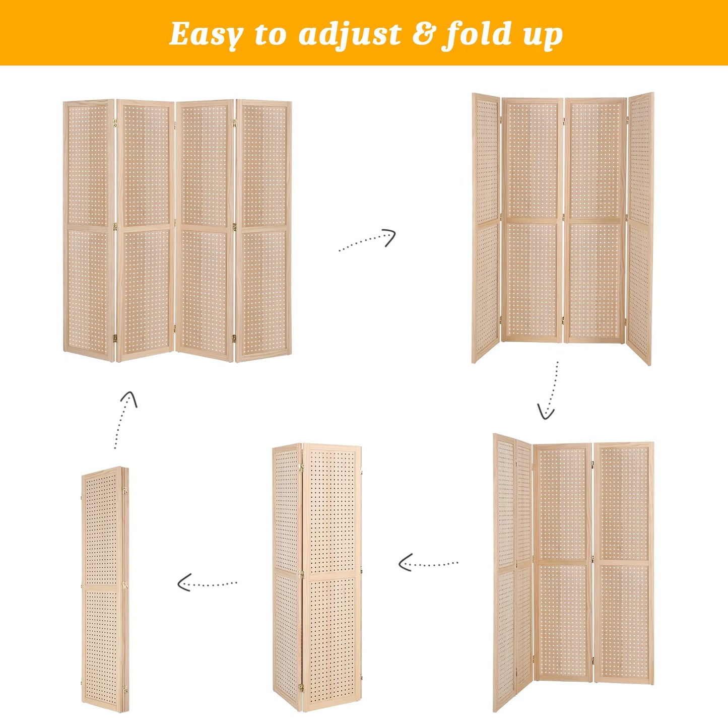 Bonnlo 4 Panel Pegboard Freestanding, 5 FT Portable Display Board Organizer for Craft Show Jewelry, Wooden Folding Privacy Screen Room Divider (with Base, Natural)