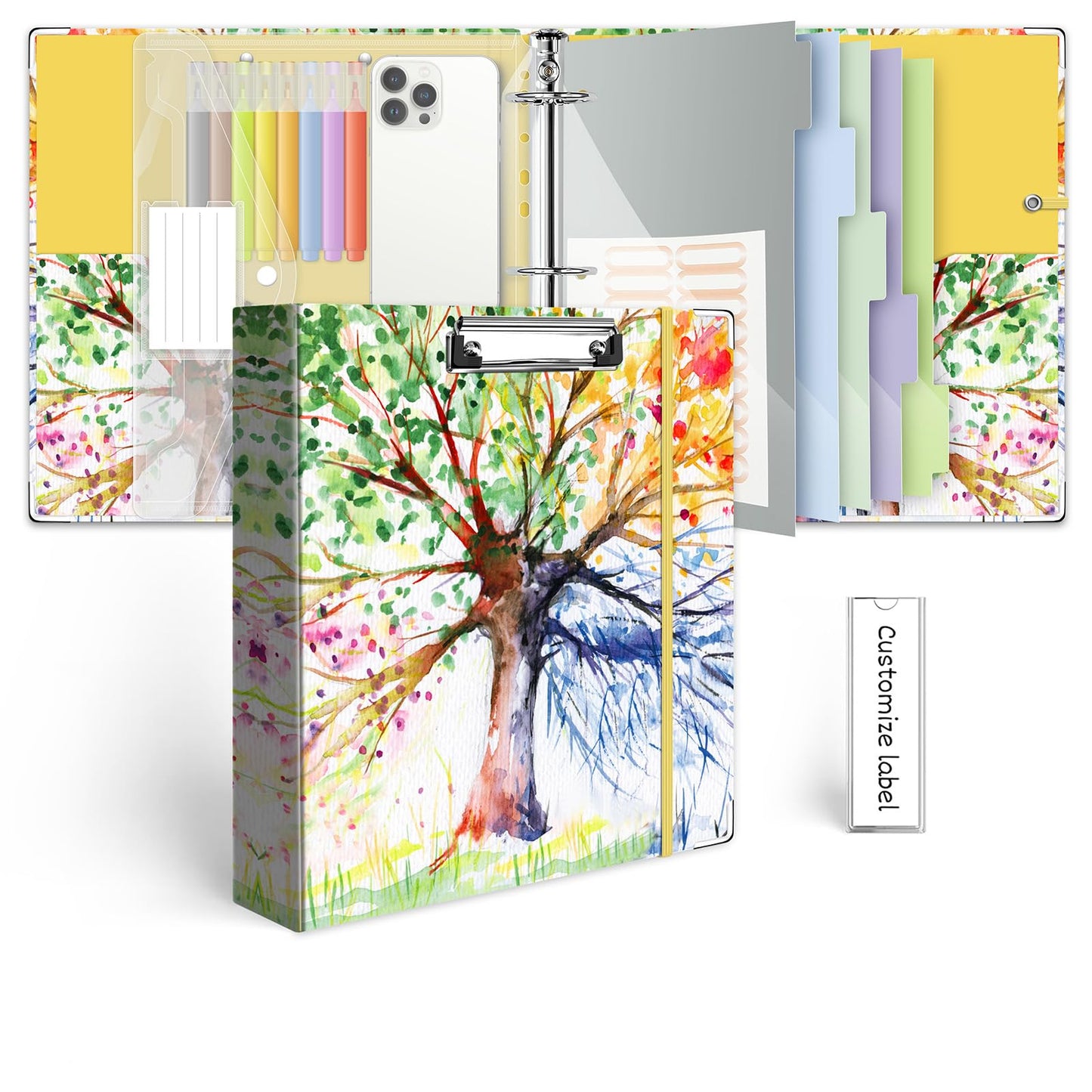 2 Inch 3 Ring Binder Organizer with Clipboard, 5-Tabs Pockets Dividers, Plastic Folder, 18 Divider Stikers, KLLVE Three Ring Binder with Pen Loop (Green Tree, Letter Size)