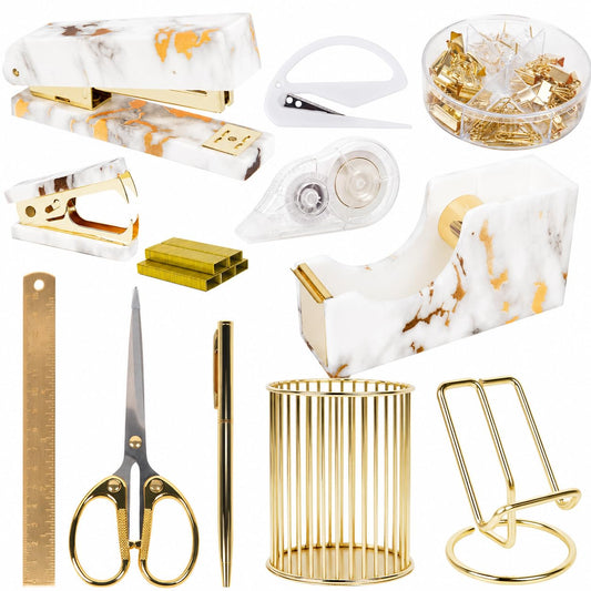 Office Desk Accessories Supplies - 13 Pcs Women Gold Marble Desk Decor Set, Cute Aesthetic Office Essentials Kit, Stapler Tape Dispenser Pen Organizer, Acrylic Mini Teacher Stuff for School Home Work
