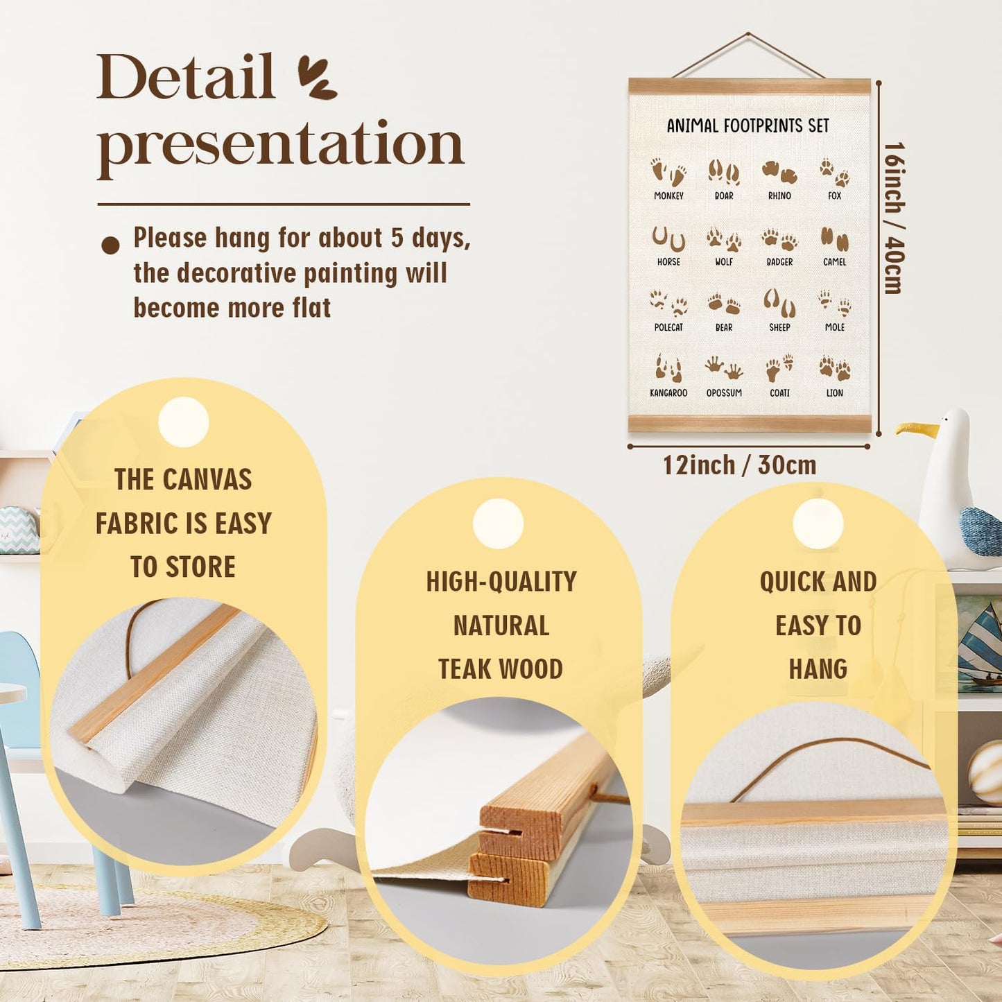 ZTGDA Animal Footprints Wall Art Poster – Animal Footprints Canvas Print with Wood Hanger Frame, Education Learning Poster for Nursery Classroom Playroom Decor 12x16Inch