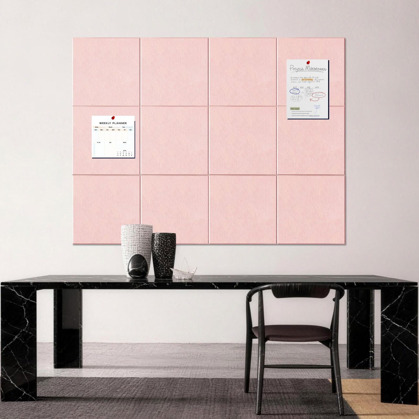 MISSDAY Pink Acoustic Wall Panel Felt Bulletin Board 48" x 36" Cork Board for Wall, 12-Pack Boards with 72 Removable Adhesive Tabs, 50 Pins, Pin Board for Home Office Classroom Soundproof Wall Tile