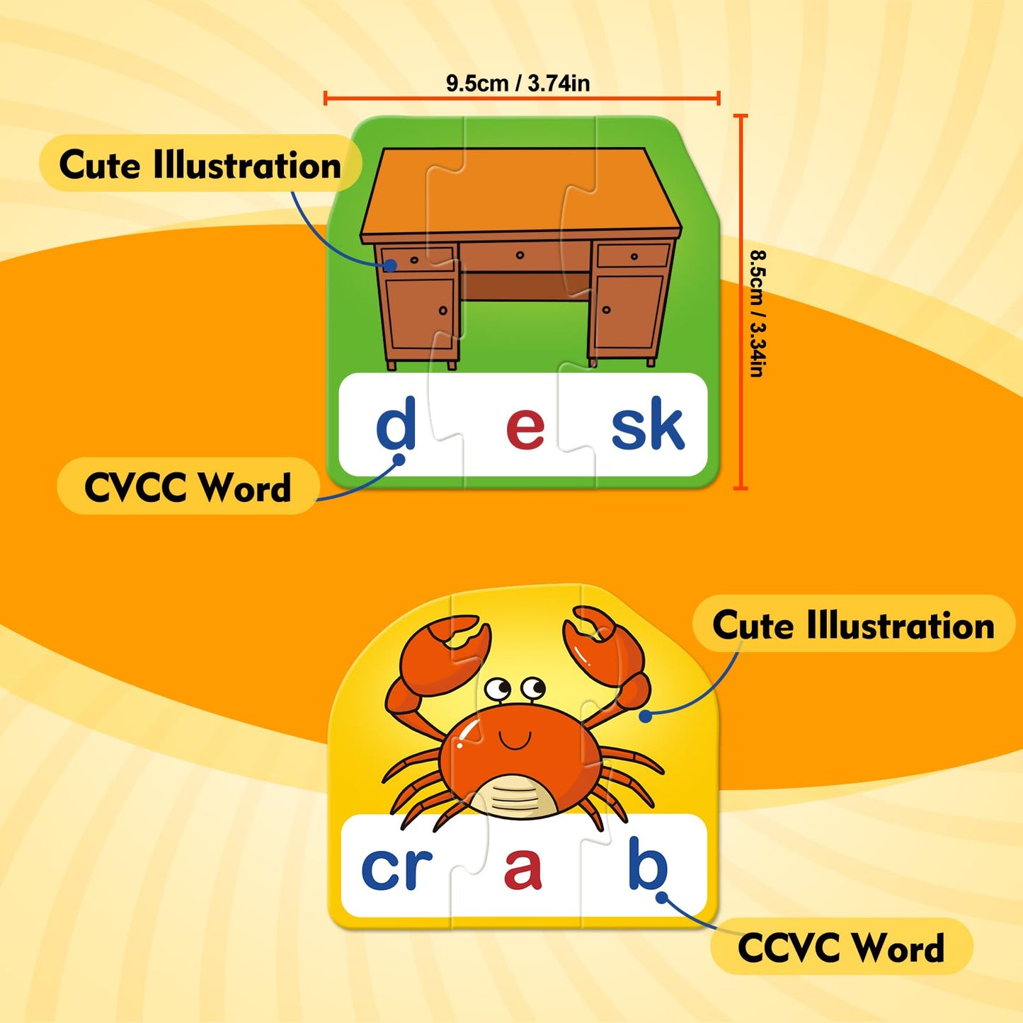 Kasfalci CVCC & CCVC Puzzle Cards for Kids - Word & Phonics Games, Speech Therapy Toys for Toddlers, 4 Alphabet Letter Word Puzzles, Learning Spelling Games