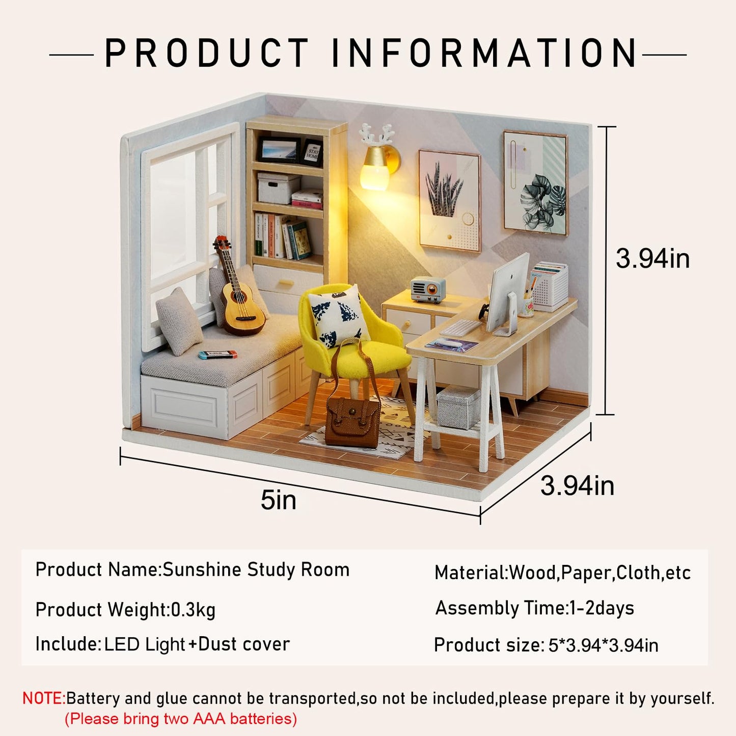 CUTEROOM DIY Doll Room Miniature Furniture Wooden House Kit - Wooden Dolls House Kit with Dust Cover & LED Light and Accessories - QT Series Dollhouse