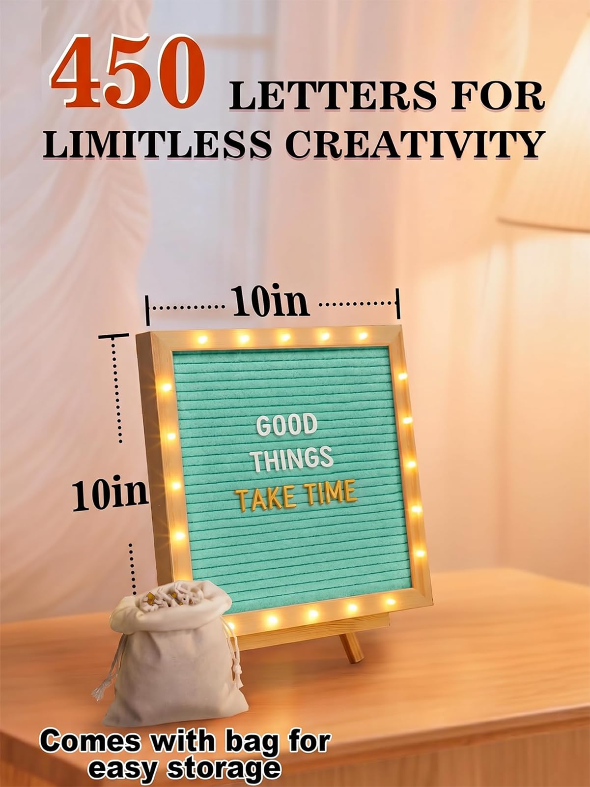 Changeable Felt Letter Board with LED Lights - 10×10" Message Custom Signs & Wood Stand & 450 Letters, Poster Board for Baby/Pregnancy Announcement/Classroom Wall Decor Gifts First Day of School, Blue