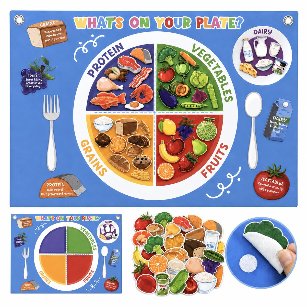 Cinrobiye My Plate Felt Kit DIY Food Diary Early Learning Stories Set Vegetable Fruits Protein Grain Felt Scene Craft Nutrition Bulletin Board for Home Preschool School Games Wall Doors Decor Supplies