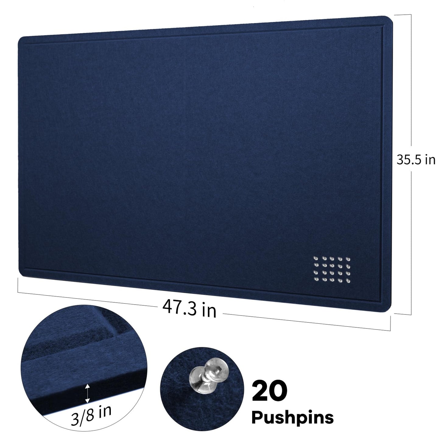 Large Bulletin Board - 48 x 36 Inches, Decorative Felt Pin Board for Wall - 4' x 3' Foldable Photo Display Board with Self-Adhesive Tape, Includes 20 Push Pins - Dark Blue