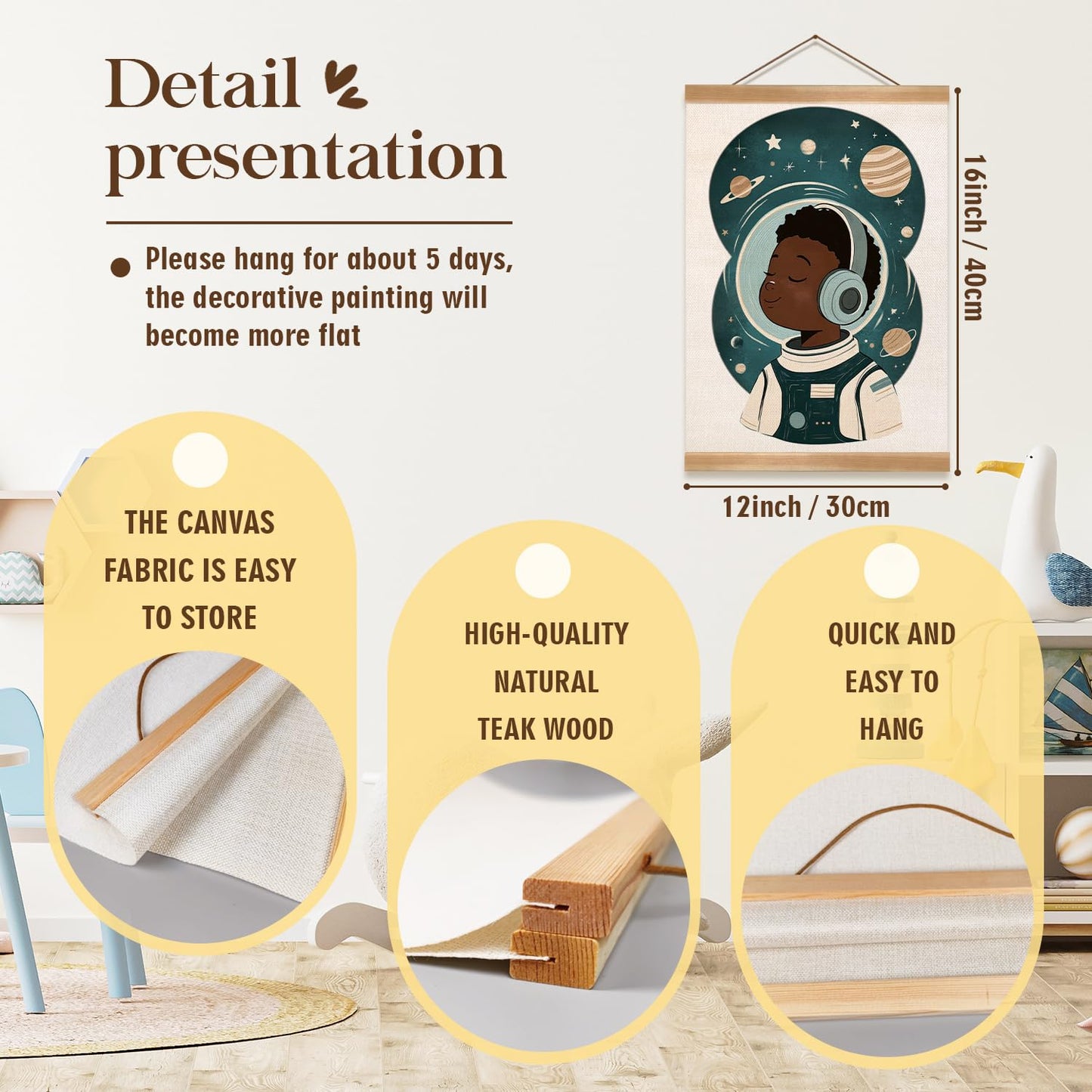 ZTGDA Solar System & Astronaut Wall Art Set of 2, Space Poster with Wood Hanger, Universe Theme Kids Room Decor for Boys and Girls, Classroom or Nursery Wall Display, 12x16 Inch(Space travel-01)