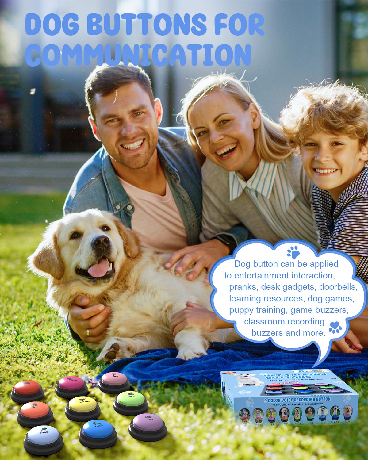 Dog Buttons for Communication, 9 Pcs Dog Talking Button Set, 30s Voice Recording Pet Buzzer Training Buttons, Speaking Button for Dogs with Waterproof Anti-Slip Dog Button Mat and 48 Scene Stickers