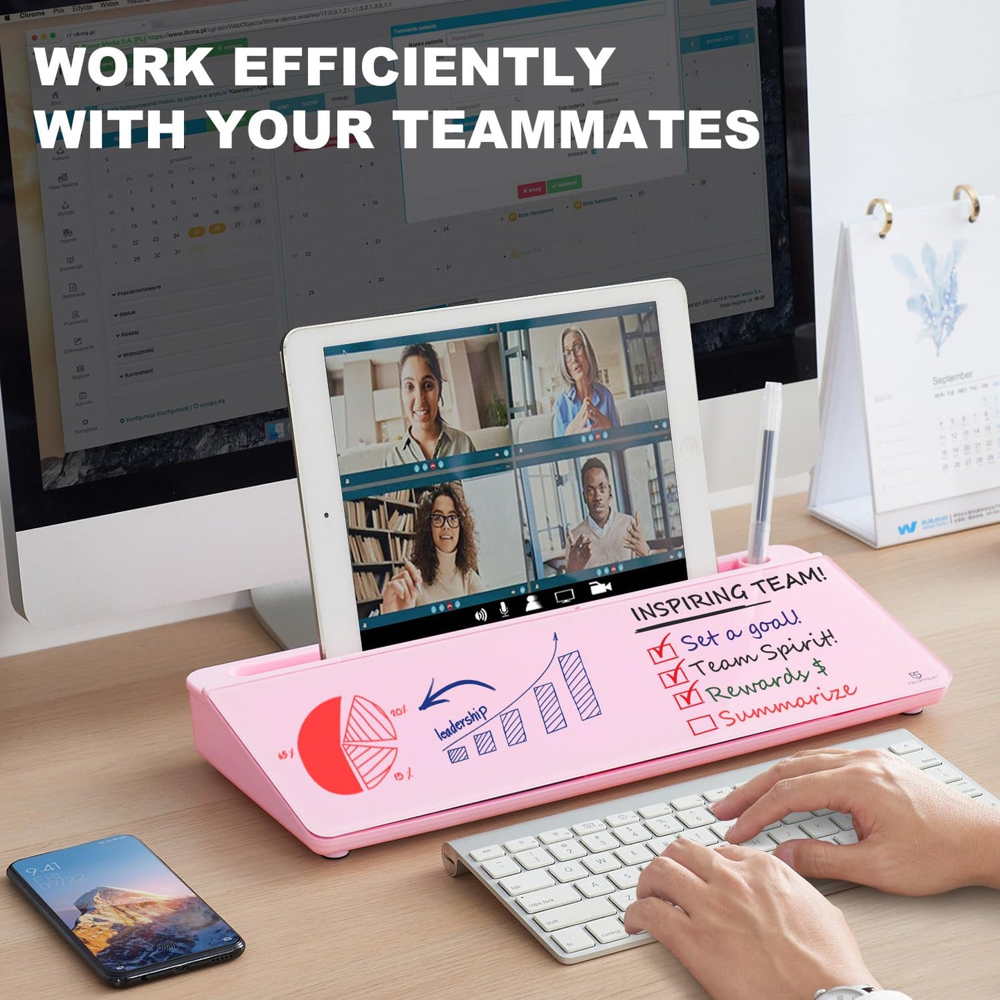 TSJ OFFICE Desktop Whiteboard Dry-Erase-Board - Computer Keyboard Stand White Board Surface Pad with Drawer, Desk Organizers with Accessories for Office, Home, School Supplies - Complete Pink